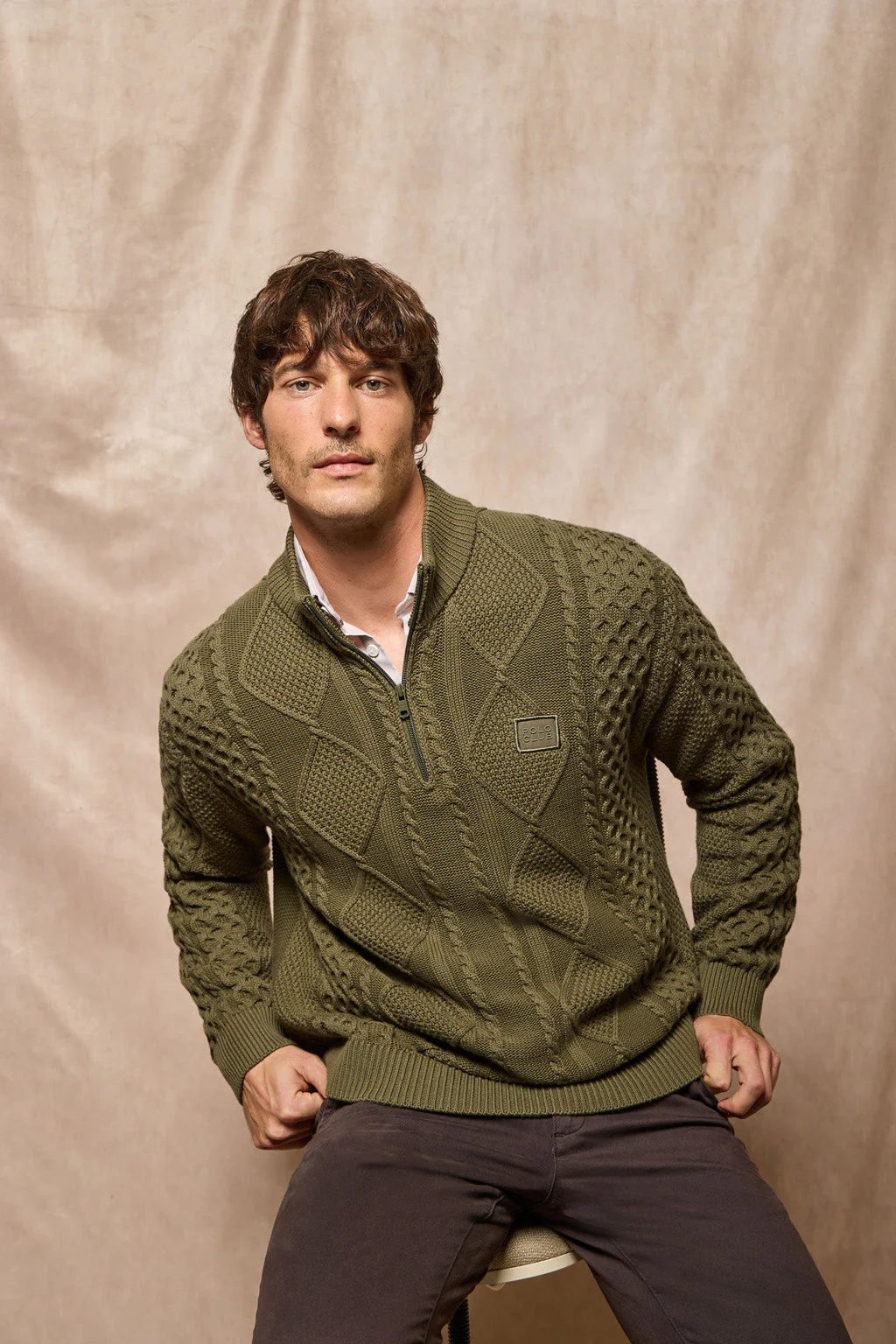 Army-green zip cable-knit jumper Nil with Polo Club detail - Image 5