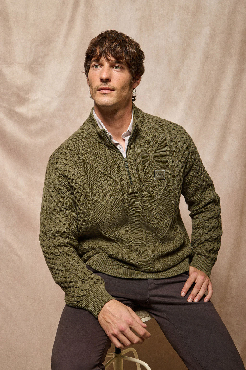 Army-green zip cable-knit jumper Nil with Polo Club detail - Image 6