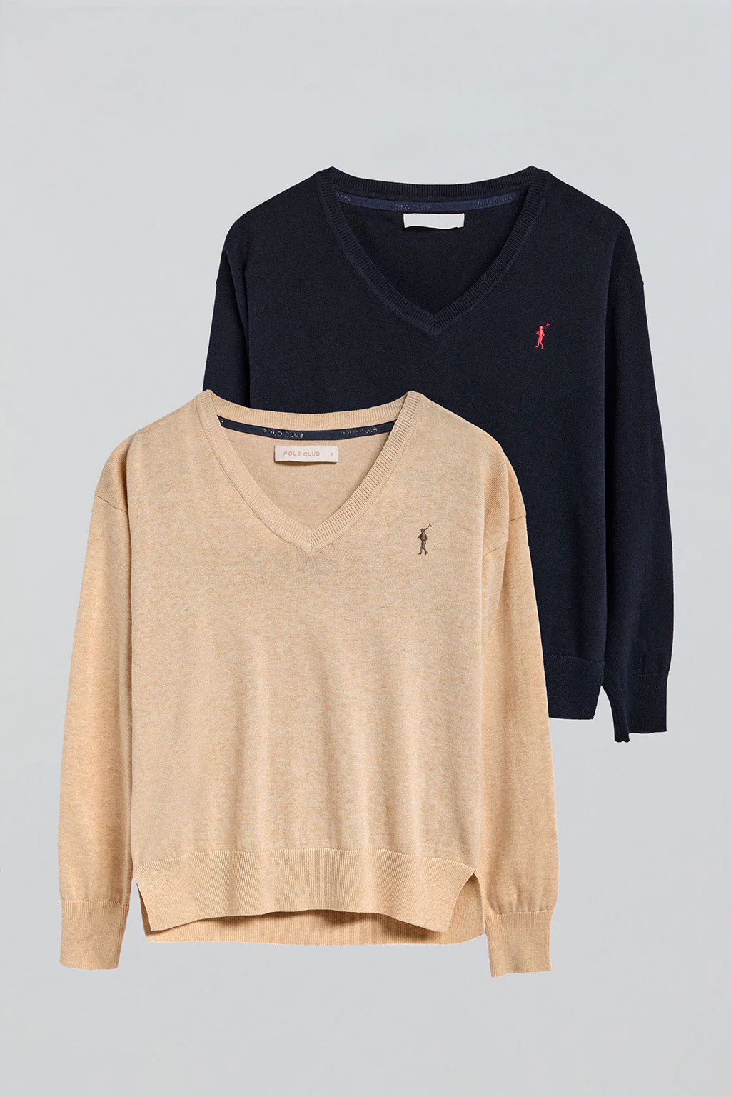 V-neck jumper with Rigby Go embroidered logo 2 pack (navy blue and caramel) - Image 8