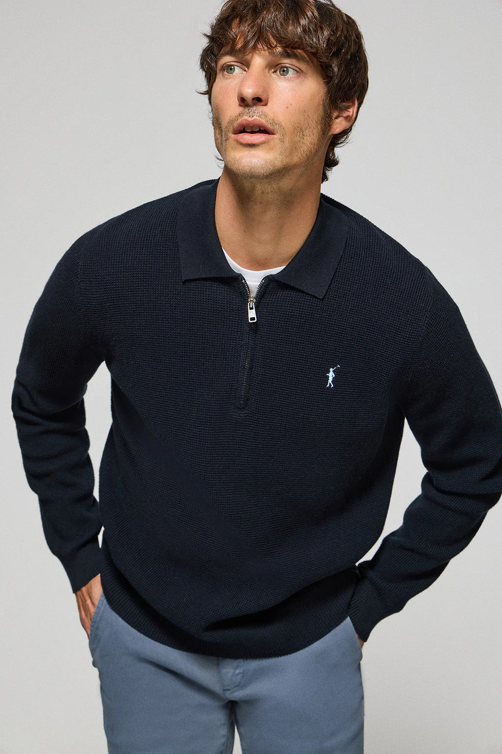 Navy-blue polo-neck basic jumper Pol with zip and Rigby Go detail