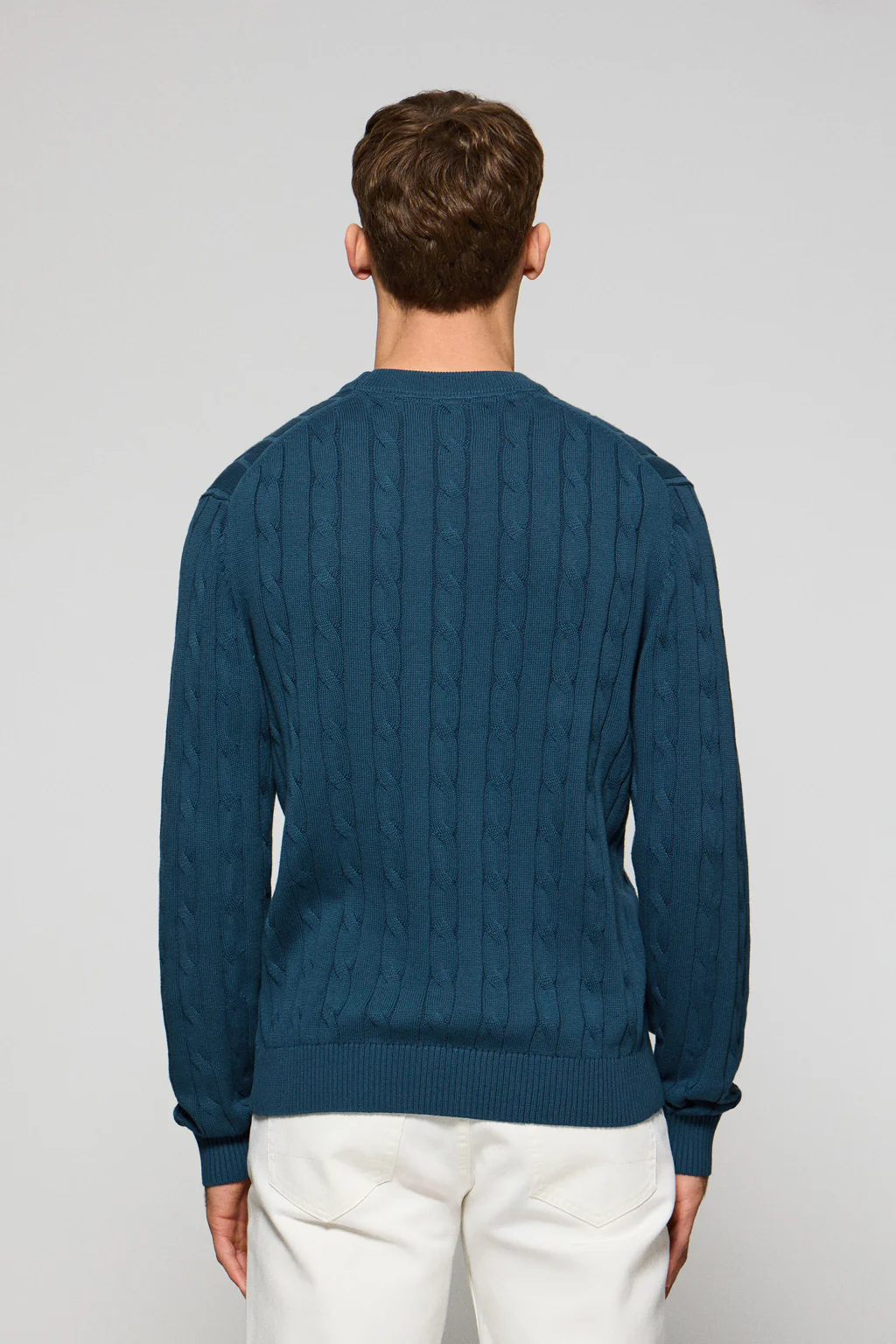 Denim-blue round-neck cable-knit jumper with Rigby Go embroidery - Image 4