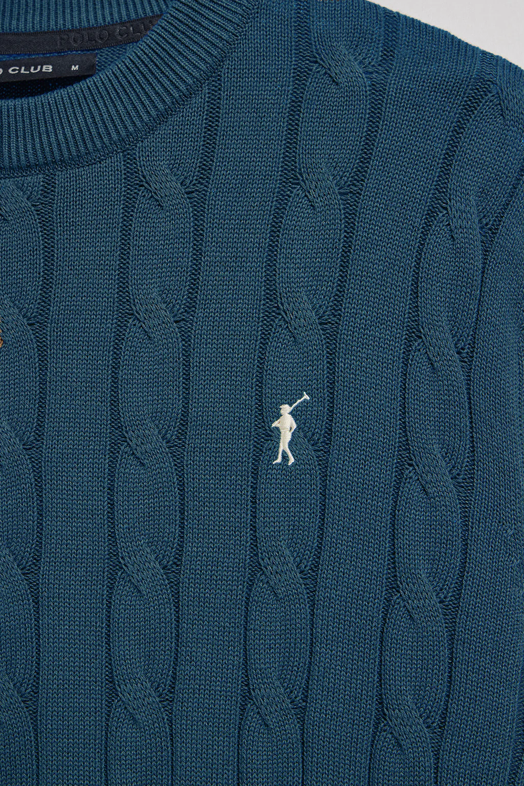 Denim-blue round-neck cable-knit jumper with Rigby Go embroidery - Image 7