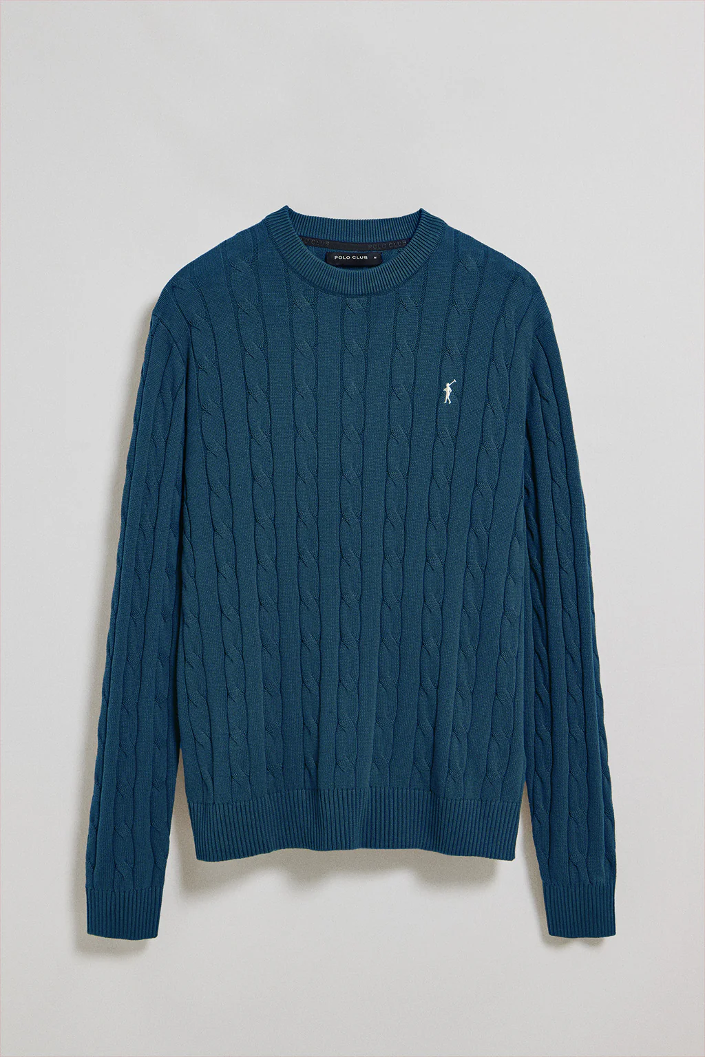 Denim-blue round-neck cable-knit jumper with Rigby Go embroidery - Image 8