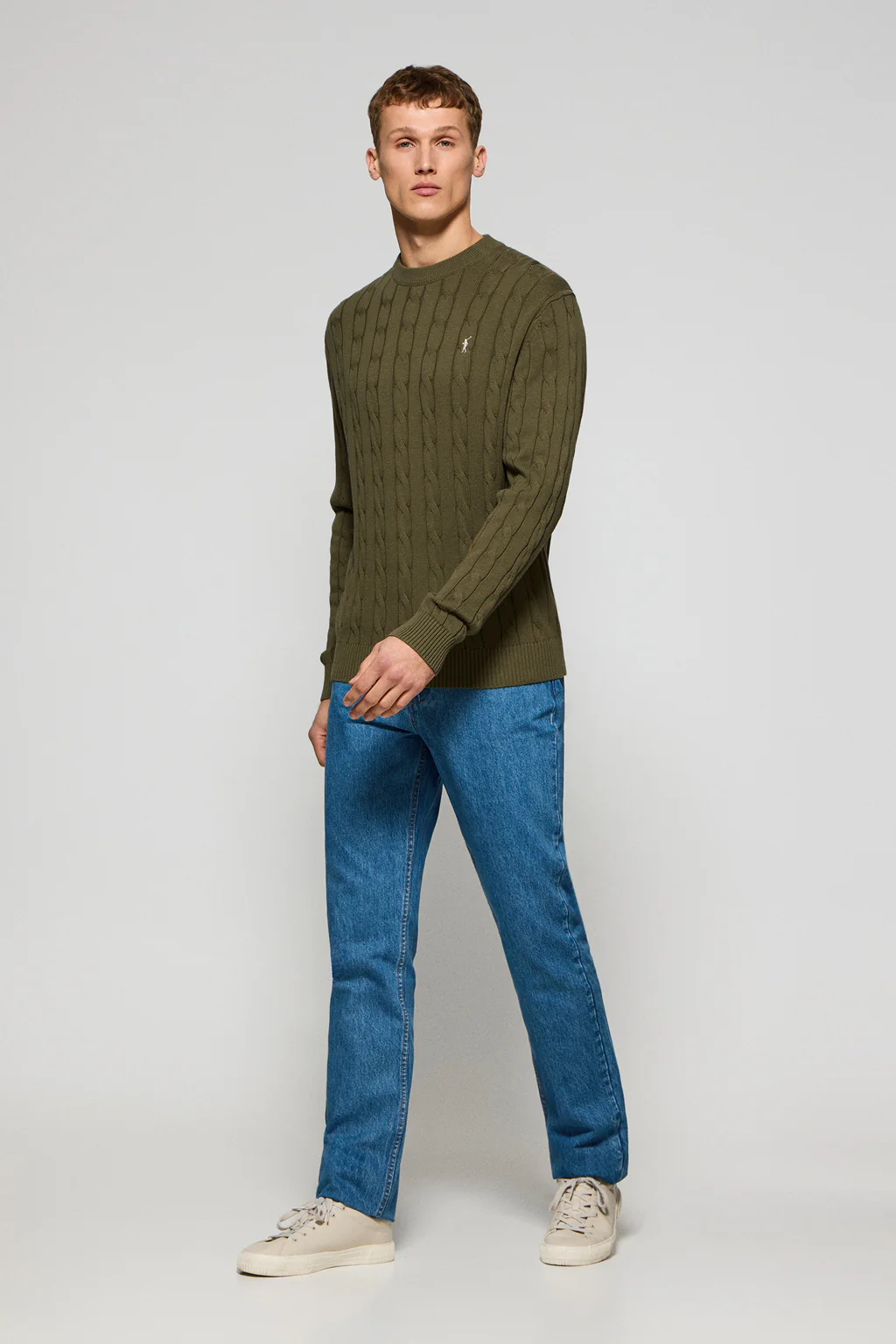 Light-green round-neck cable-knit jumper with Rigby Go embroidery - Image 4