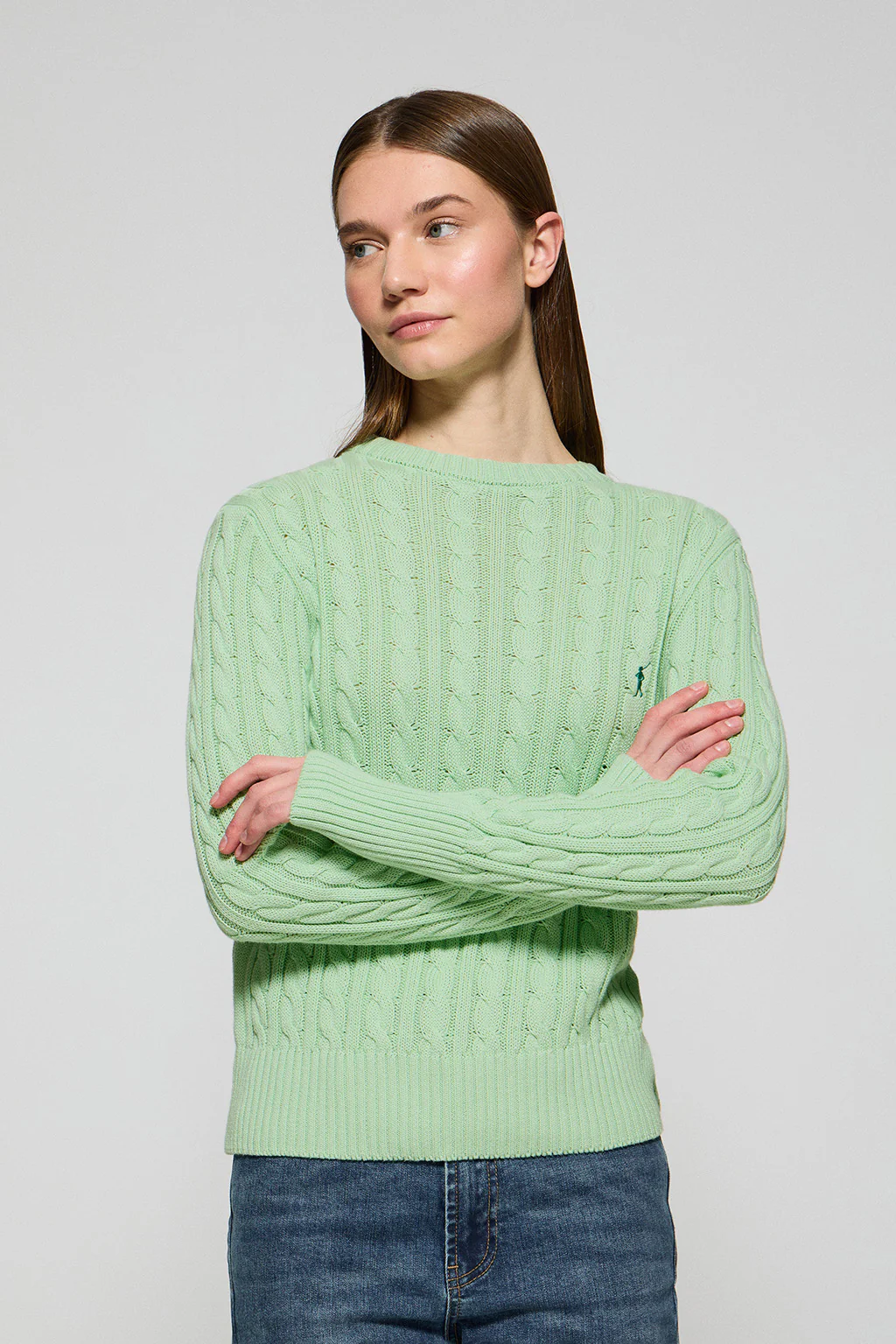 Mint round-neck cable-knit jumper with Rigby Go embroidery
