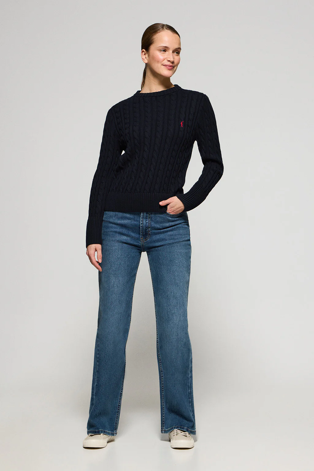 Navy-blue round-neck cable-knit jumper with Rigby Go embroidery - Image 4