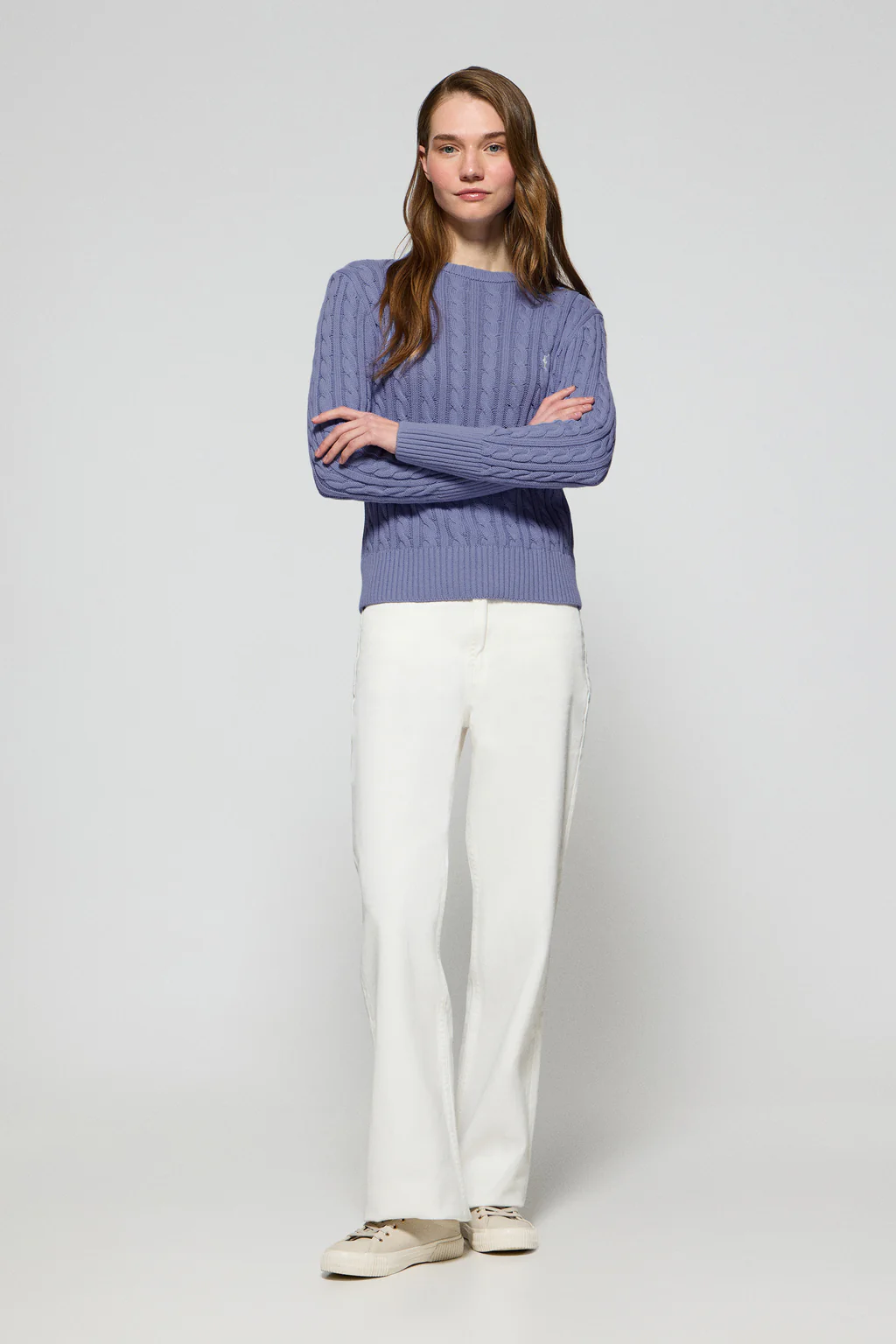 Blue round-neck cable-knit jumper with Rigby Go embroidery - Image 4