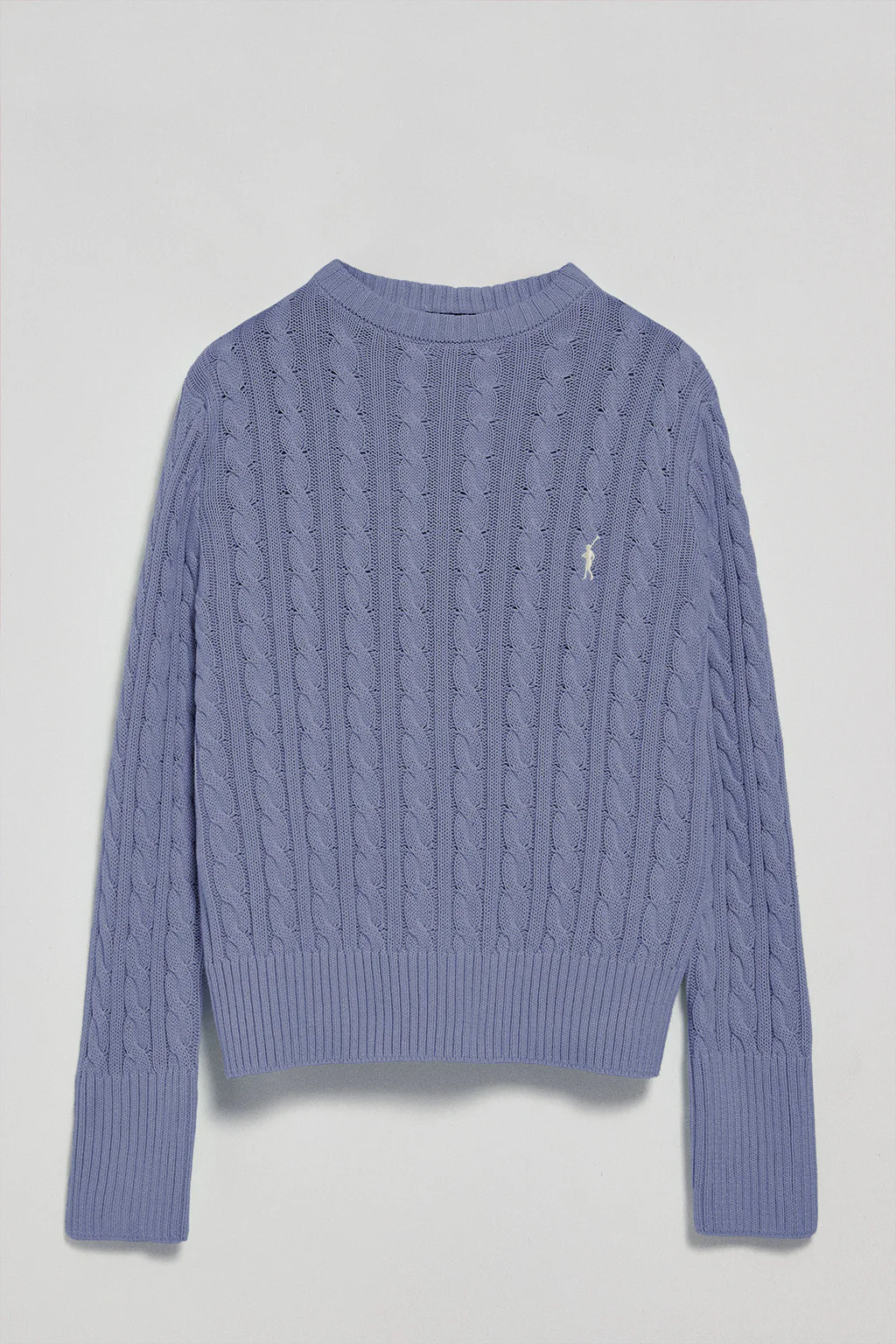 Blue round-neck cable-knit jumper with Rigby Go embroidery - Image 5