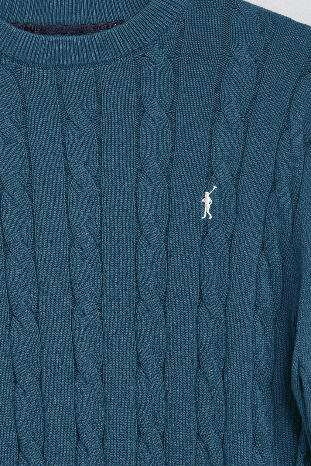 Denim-blue cable-knit jumper with Rigby Go logo - Image 7