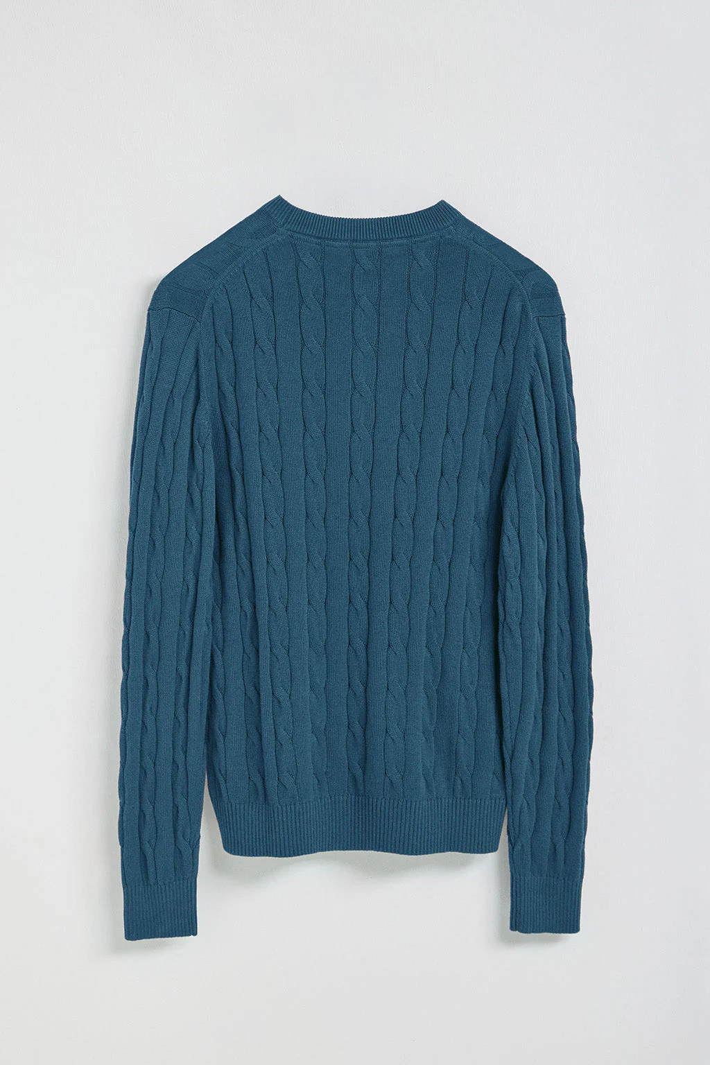 Denim-blue cable-knit jumper with Rigby Go logo - Image 8
