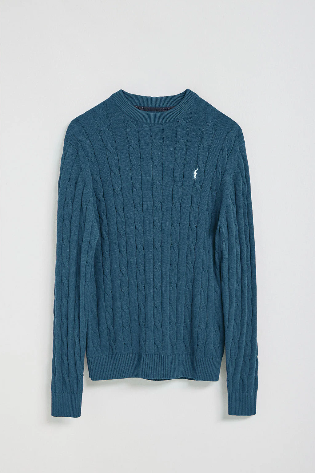 Denim-blue cable-knit jumper with Rigby Go logo - Image 9