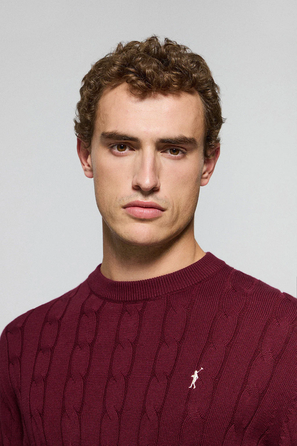 Maroon cable-knit jumper with Rigby Go logo - Image 2