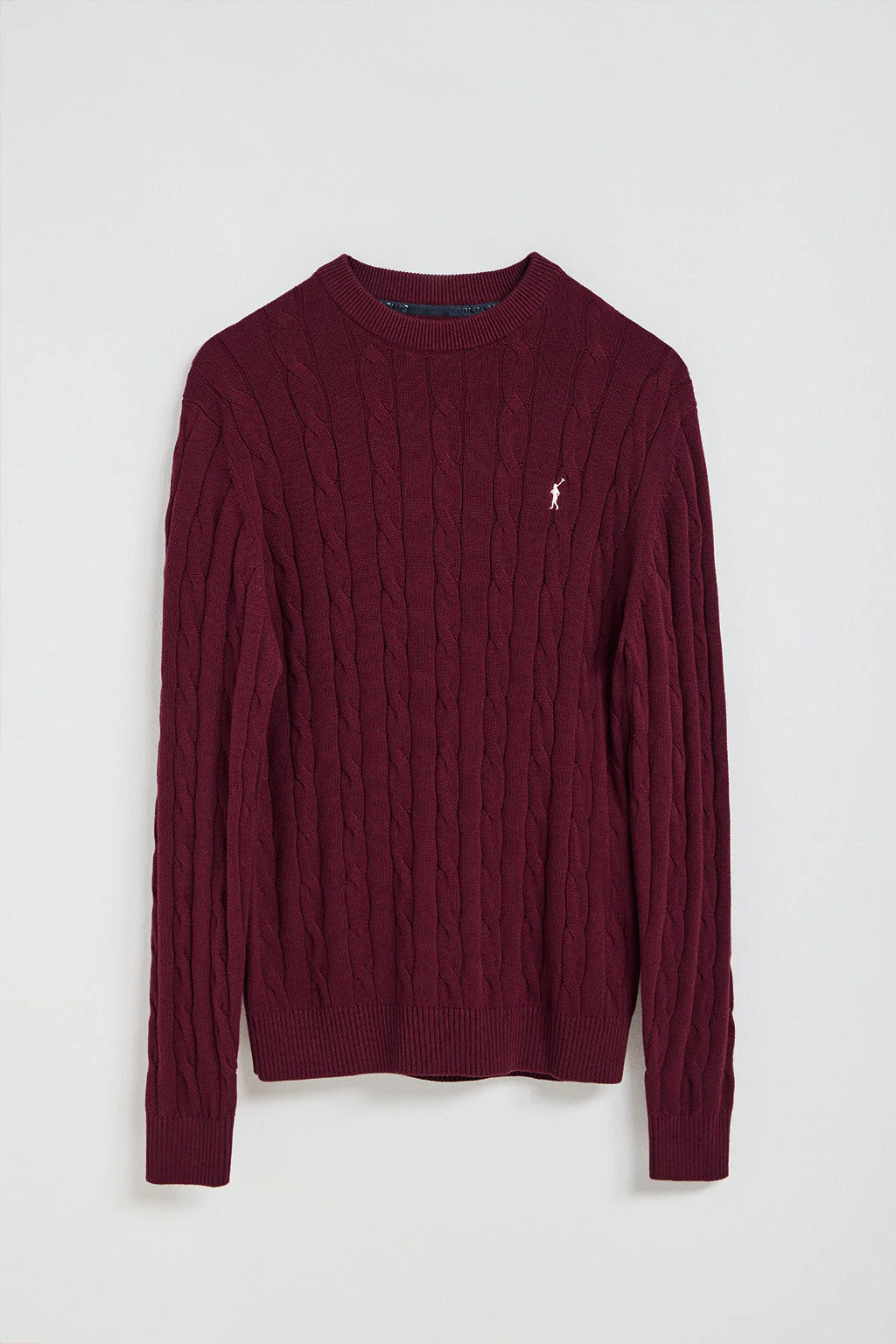 Maroon cable-knit jumper with Rigby Go logo - Image 5