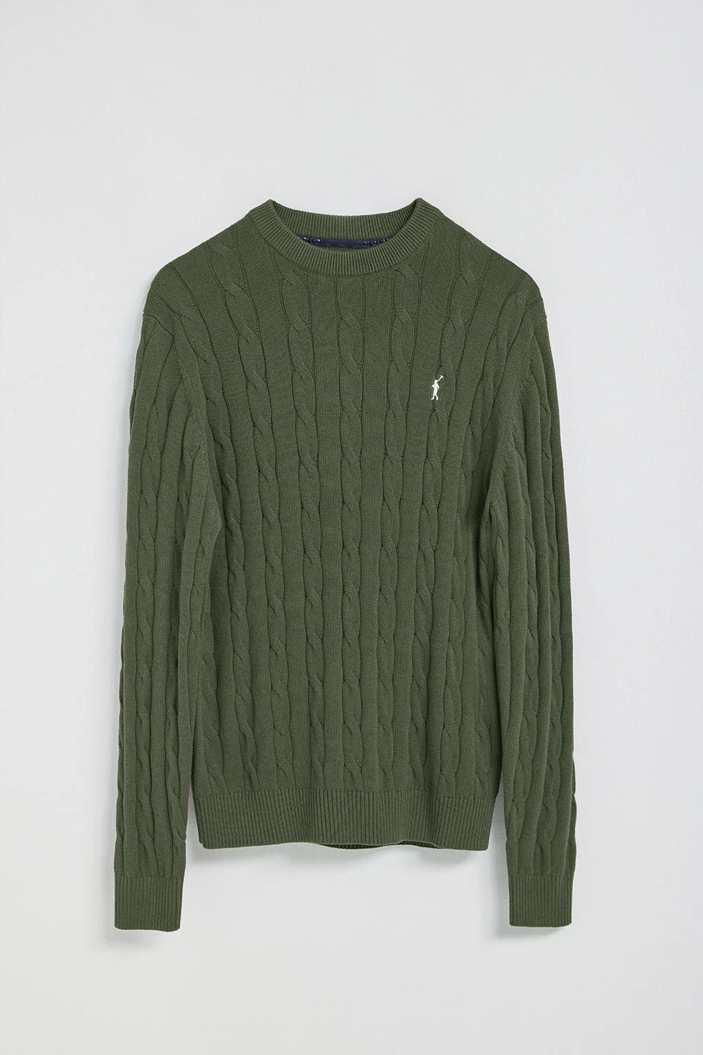 Army-green cable-knit jumper with Rigby Go logo - Image 8
