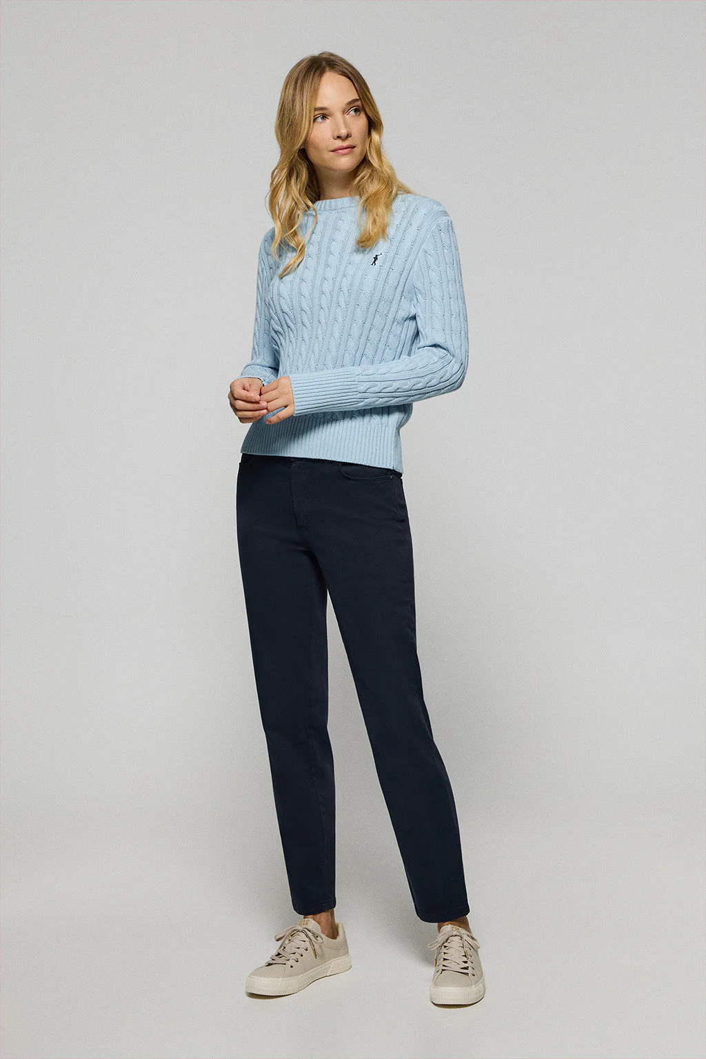 Light-blue cable-knit jumper with Rigby Go embroidered logo - Image 3
