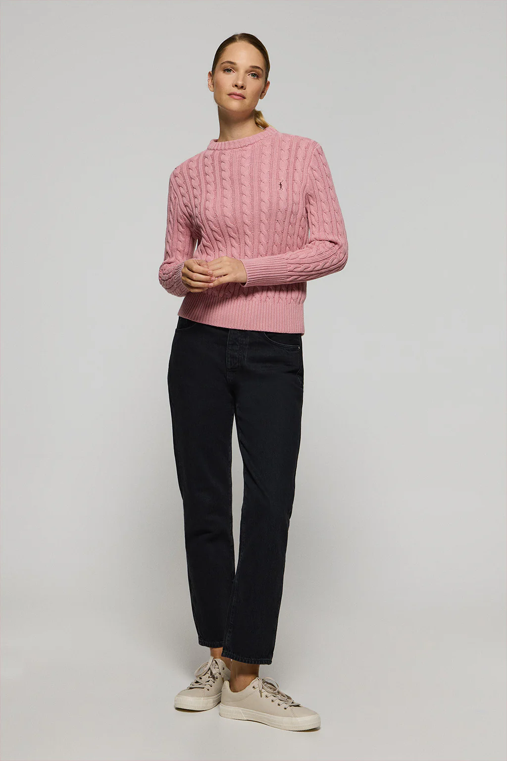 Pink cable-knit jumper with Rigby Go embroidered logo - Image 4