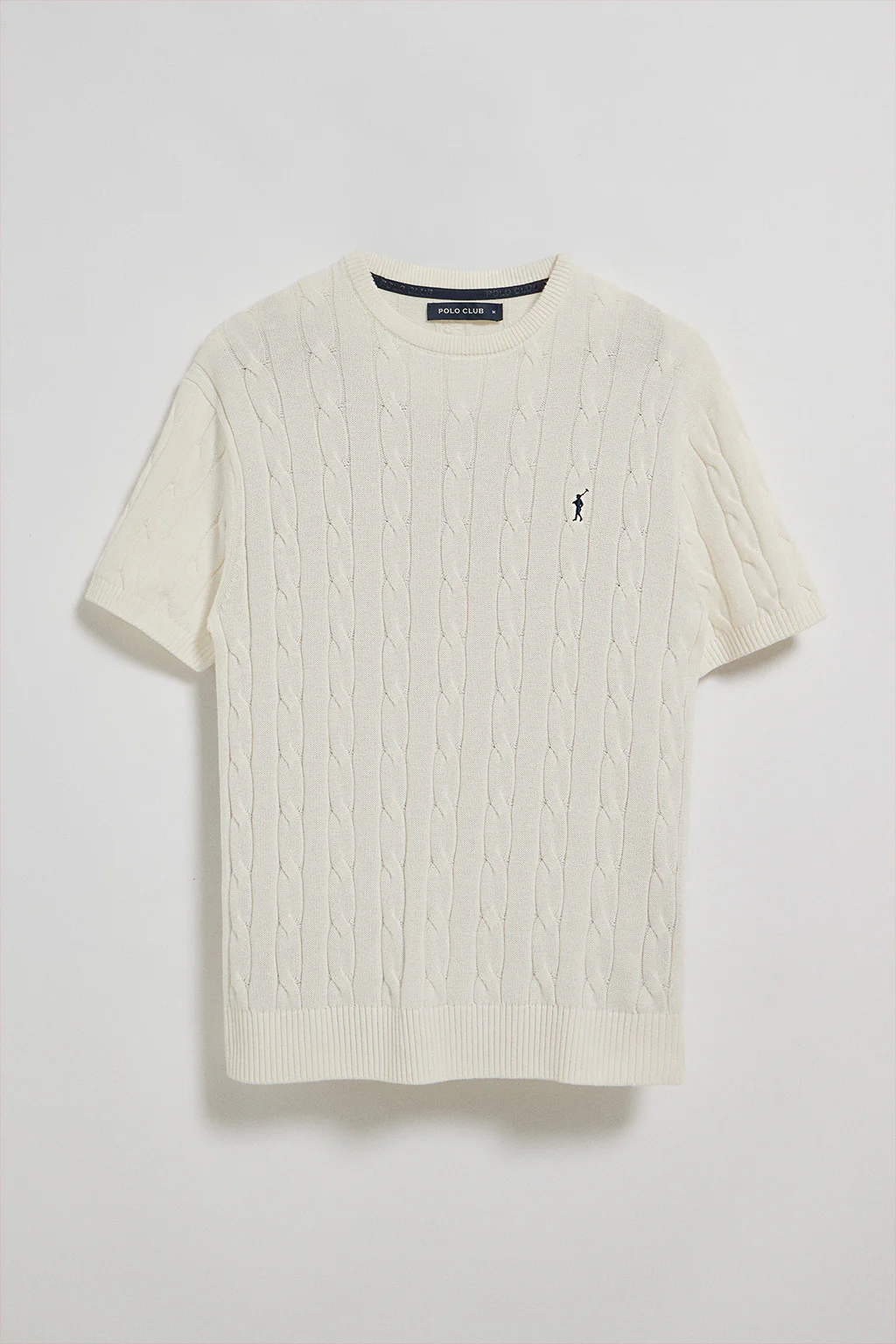 Beige short-sleeve cable-knit jumper with embroidered logo - Image 5