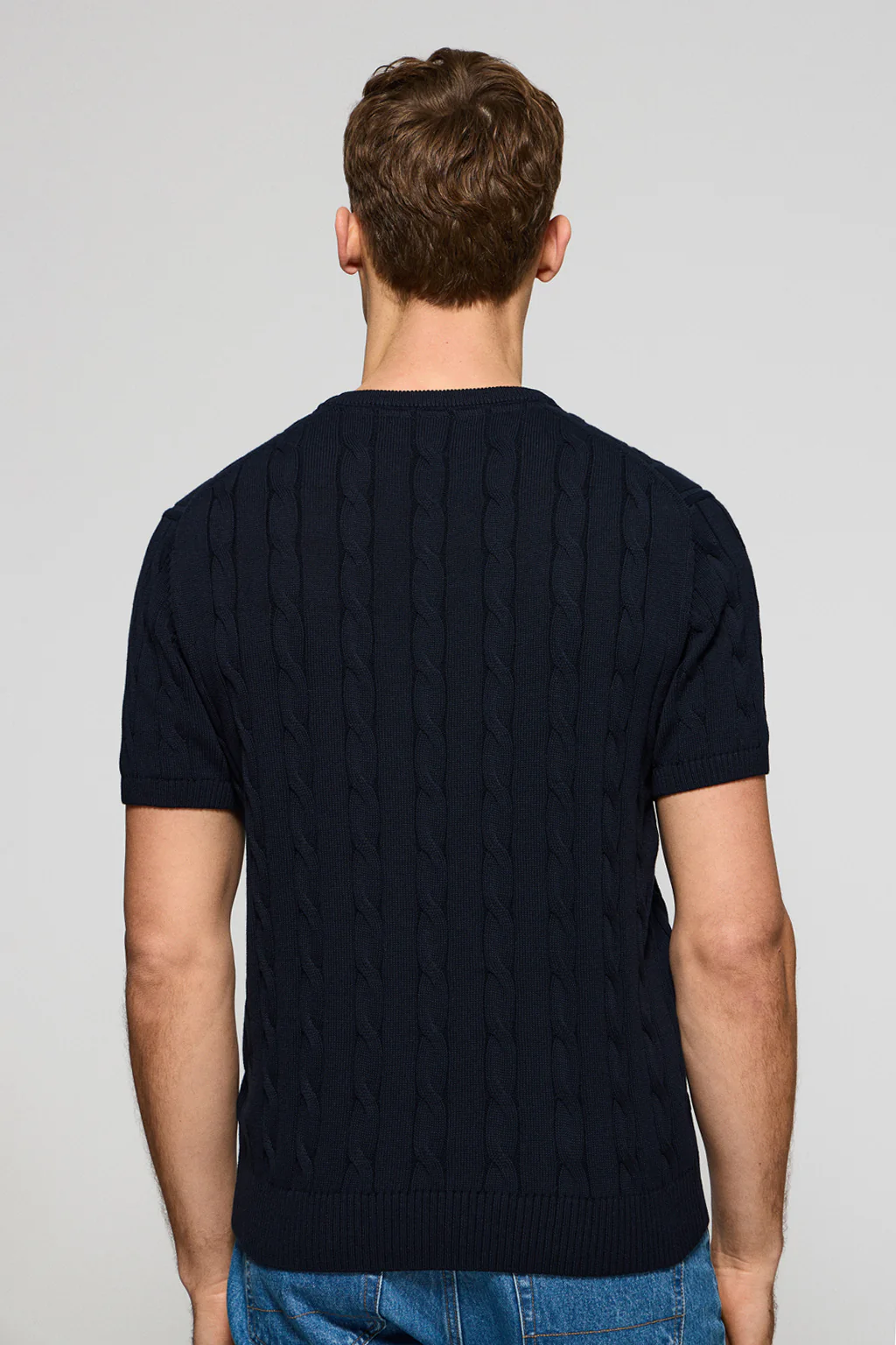 Navy-blue short-sleeve cable-knit jumper with embroidered logo - Image 2