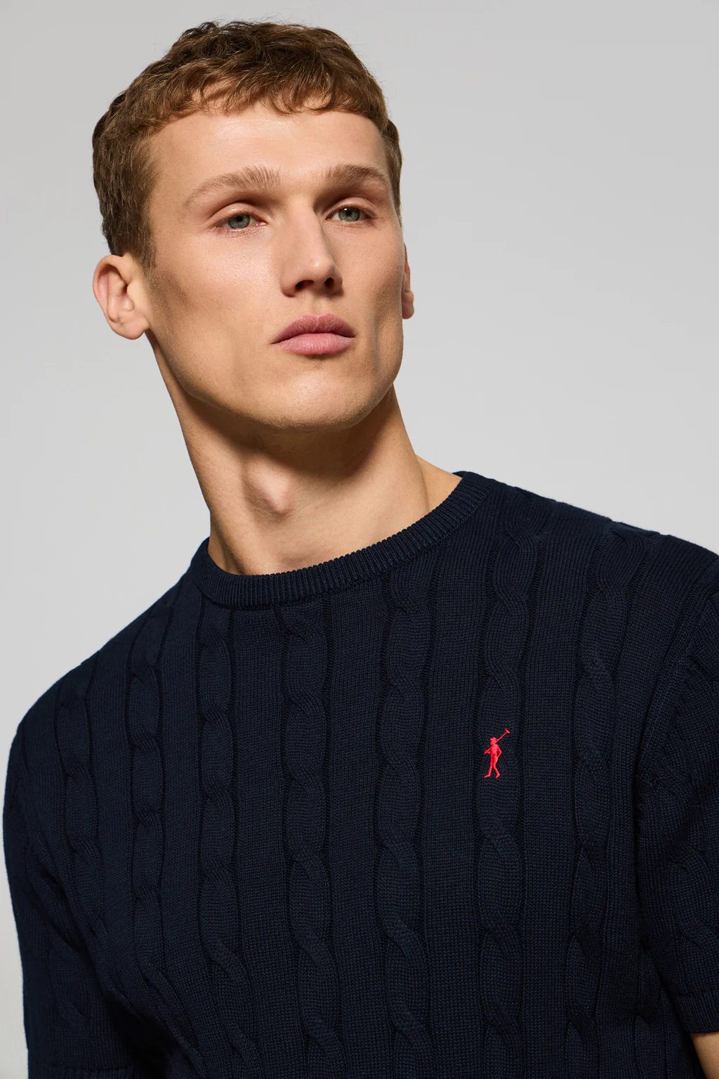 Navy-blue short-sleeve cable-knit jumper with embroidered logo - Image 3