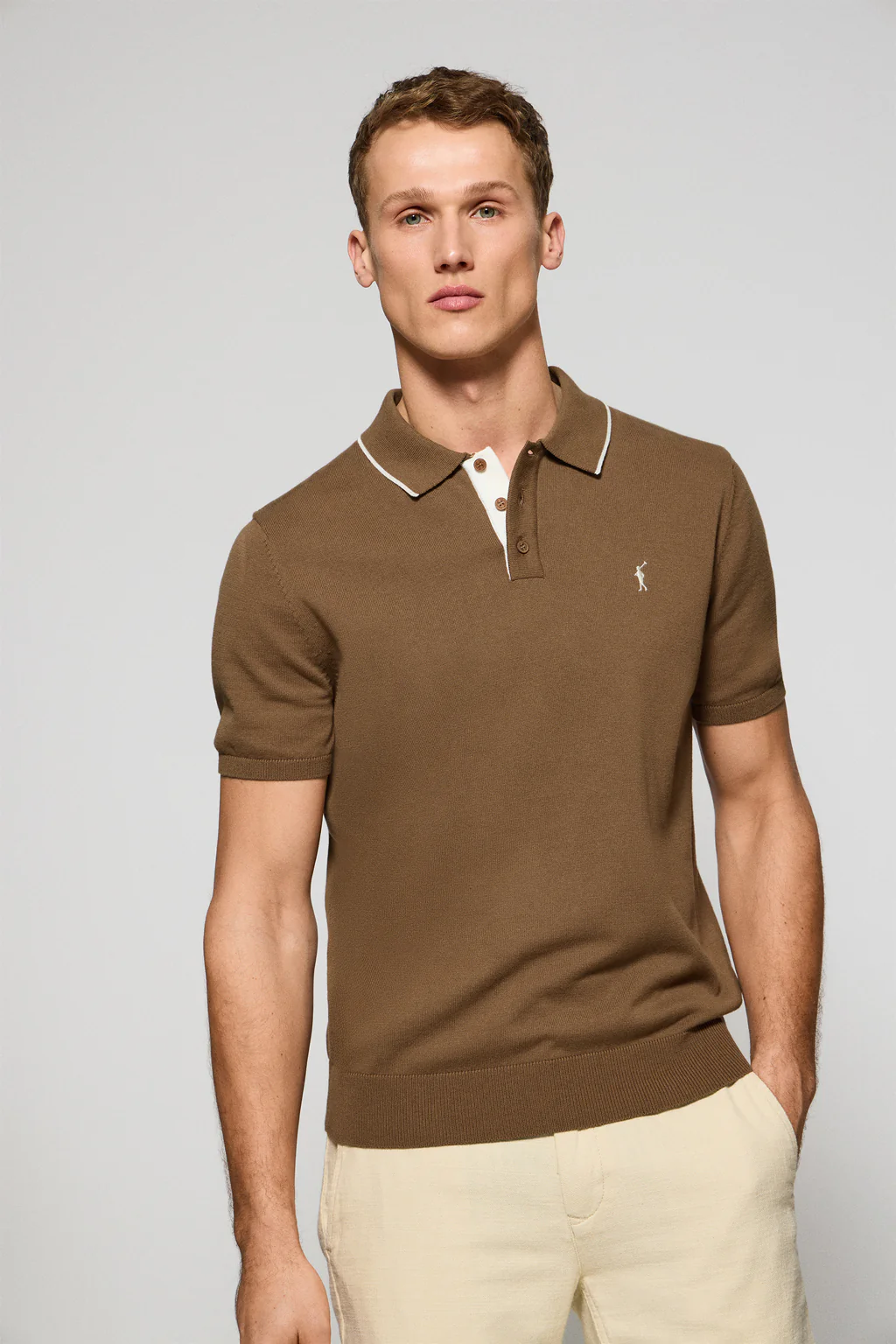 Mocha knitted polo shirt with buttons and Rigby Go embroidery