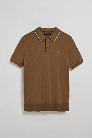 Mocha knitted polo shirt with buttons and Rigby Go embroidery - Image 9