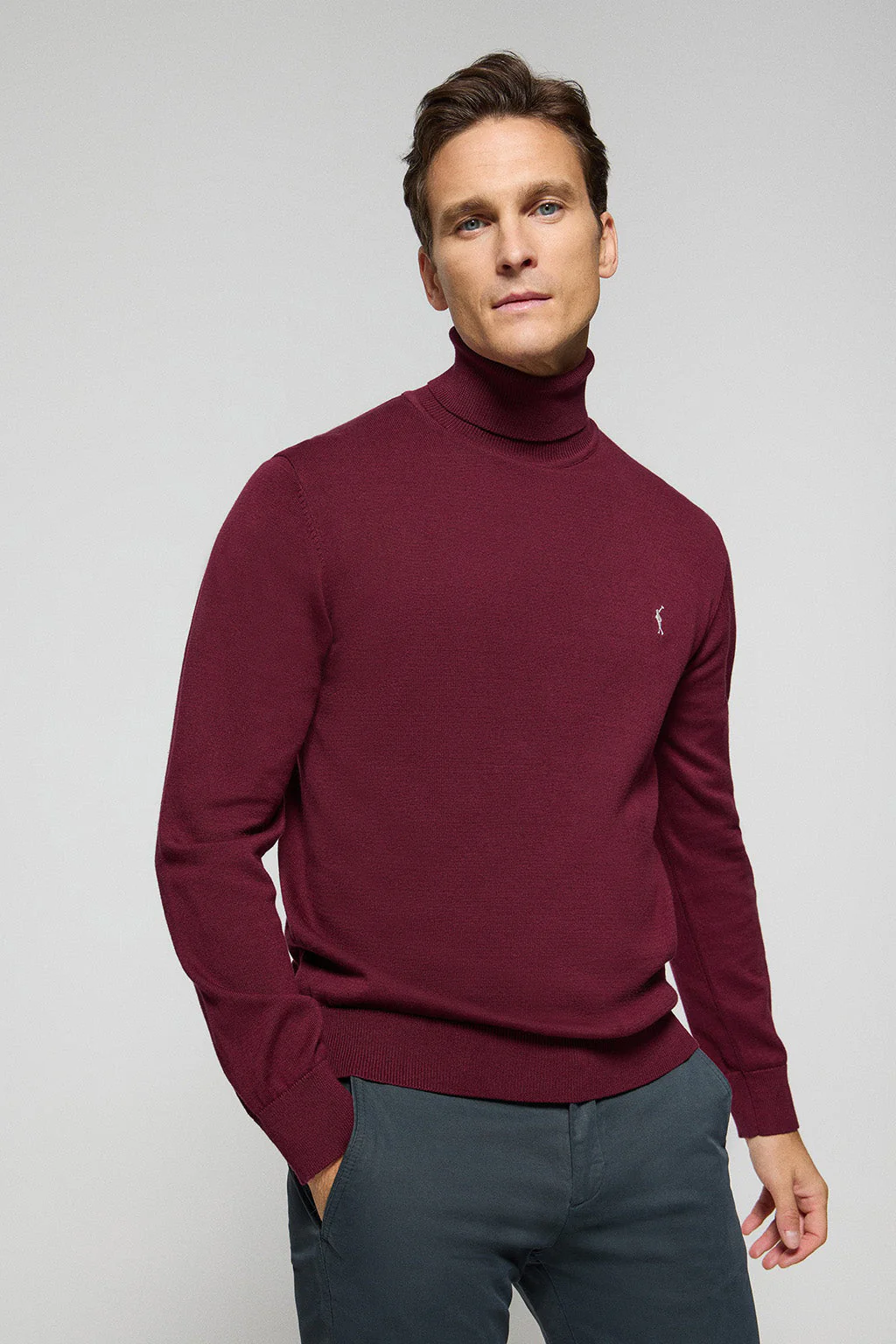Maroon turtleneck knit jumper with Rigby Go embroidered logo