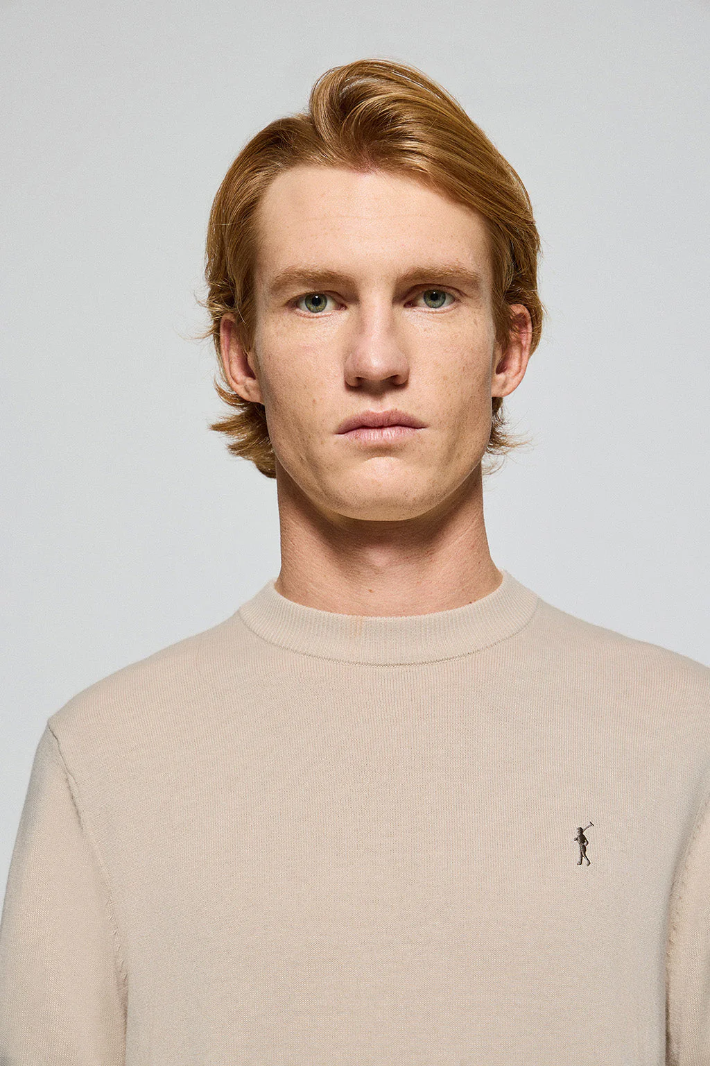 Beige round-neck knit jumper with Rigby Go embroidered logo - Image 2