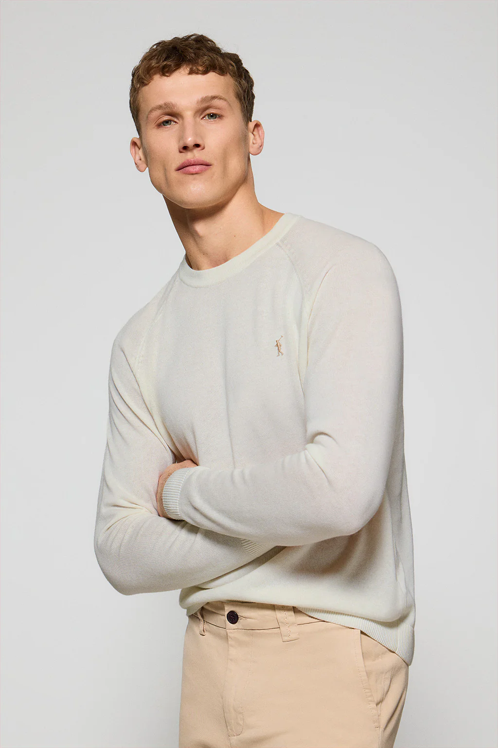 Beige round-neck jumper in linen and cotton with Rigby Go embroidery