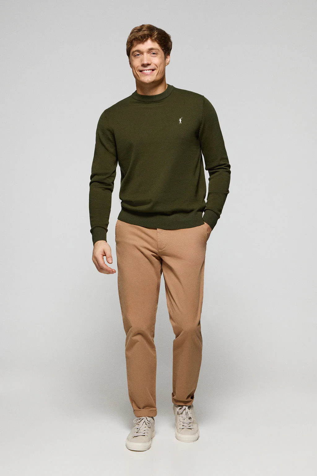 Dark-green round-neck knit jumper with Rigby Go embroidered logo - Image 3