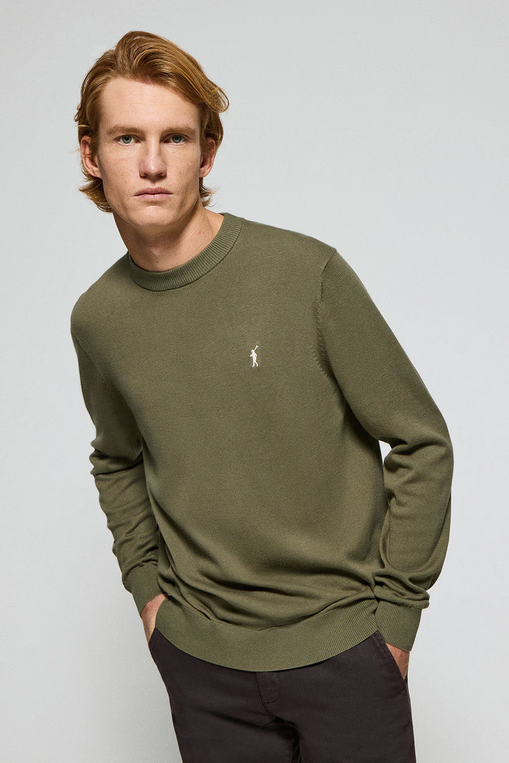 Army-green round-neck knit jumper with Rigby Go embroidered logo