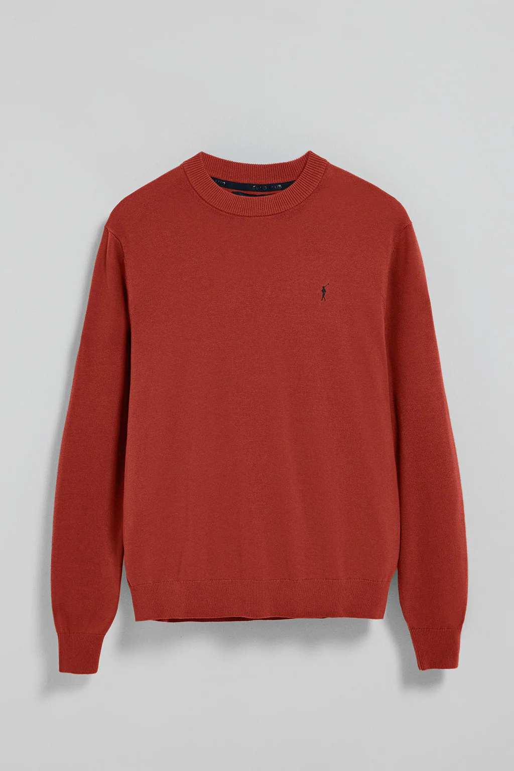 Red round-neck knit jumper with Rigby Go embroidered logo