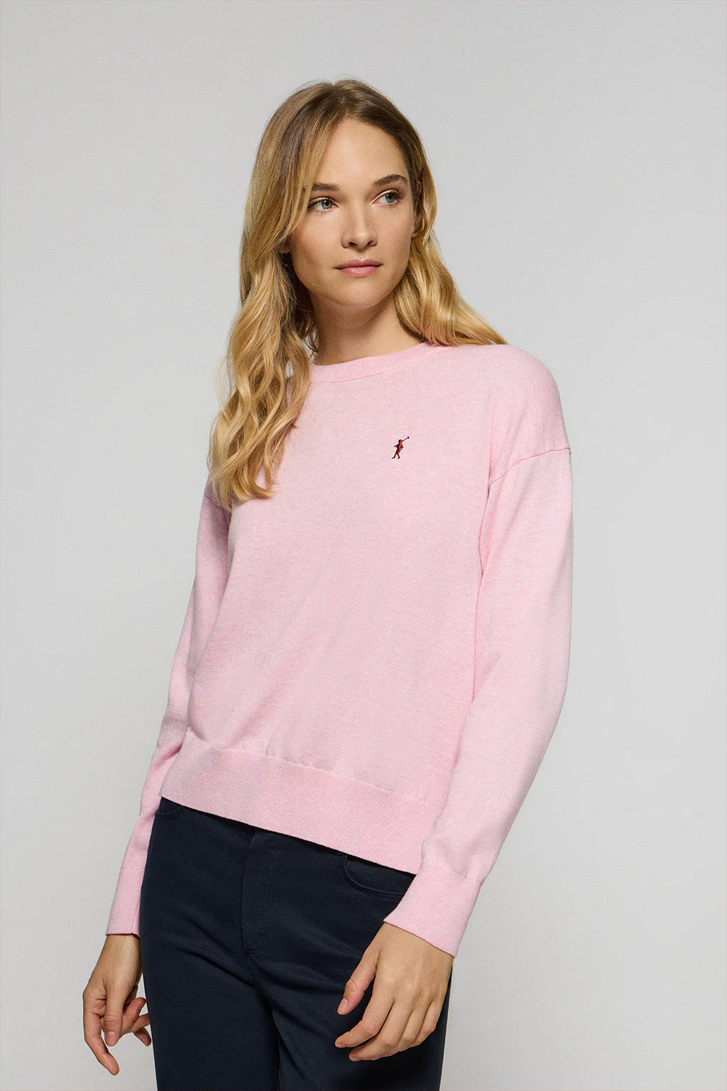 Pink-marl round-neck knit jumper with Rigby Go embroidered logo