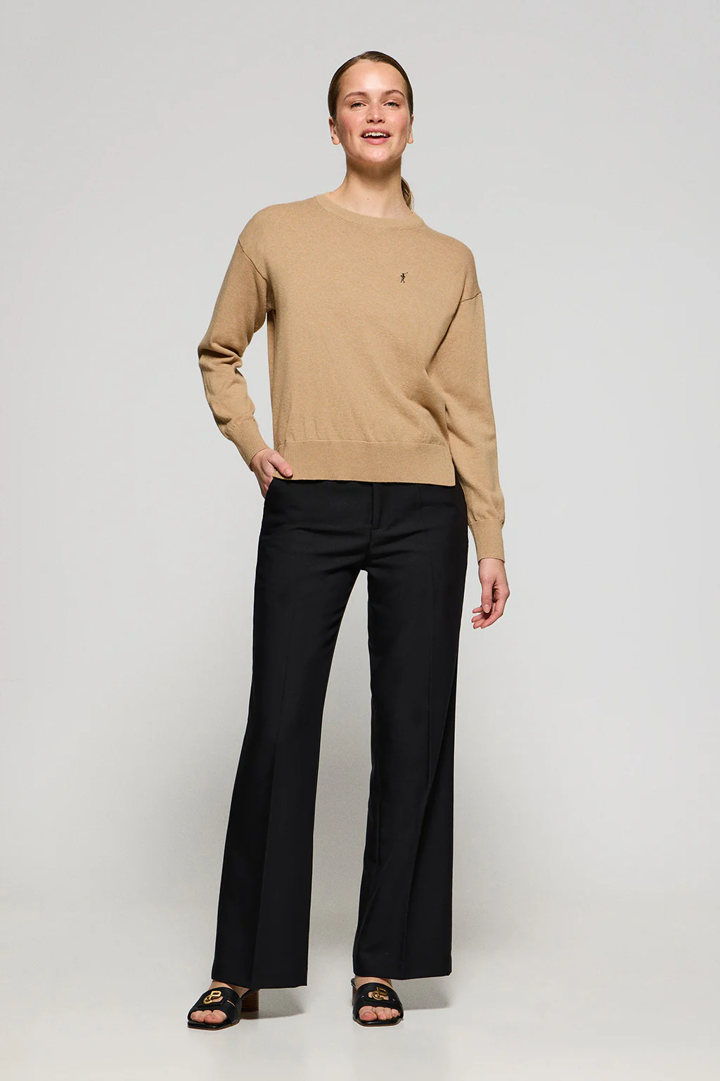 Caramel-marl round-neck knit jumper with Rigby Go embroidered logo - Image 4
