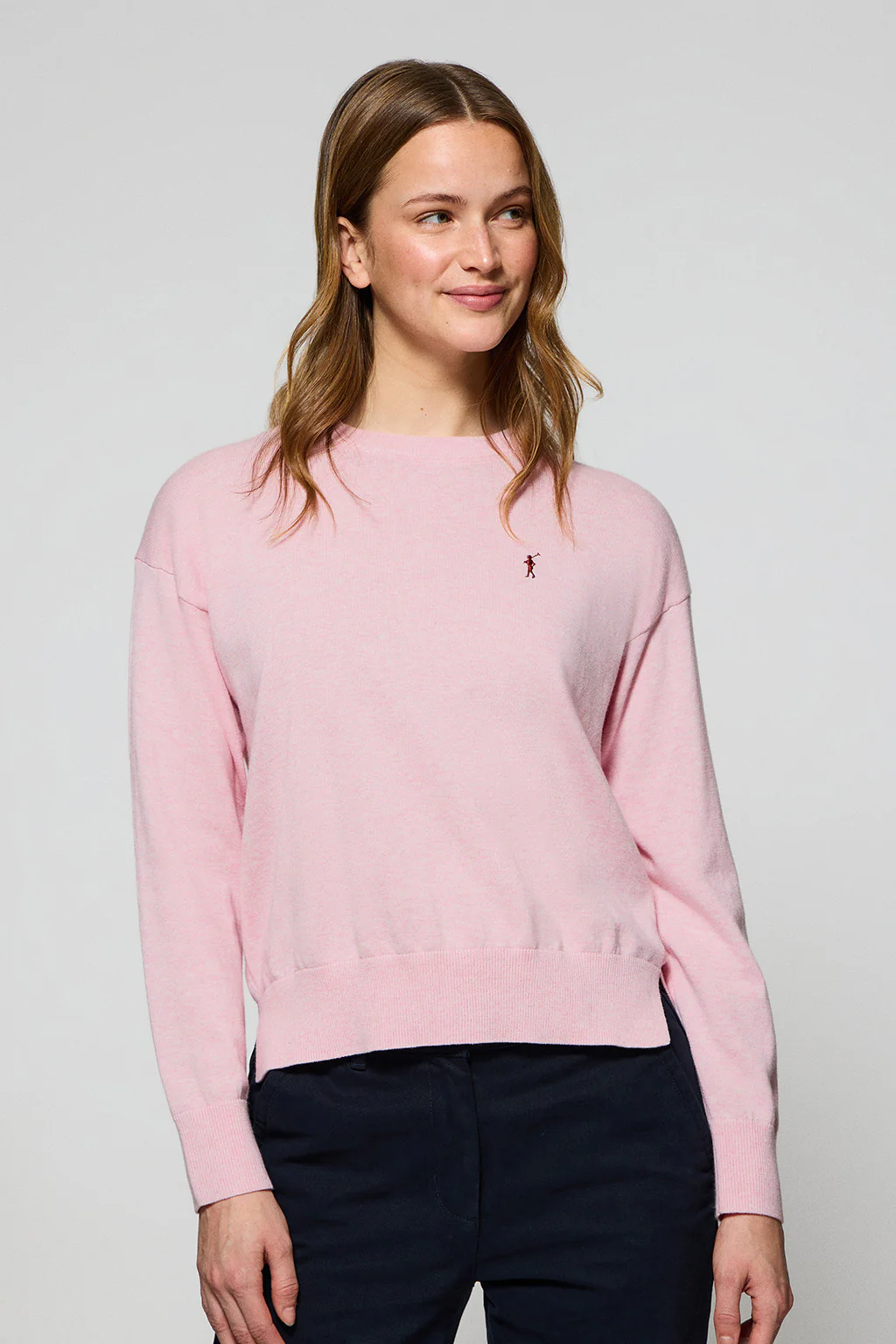 Pink-marl round-neck knit jumper with Rigby Go embroidered logo