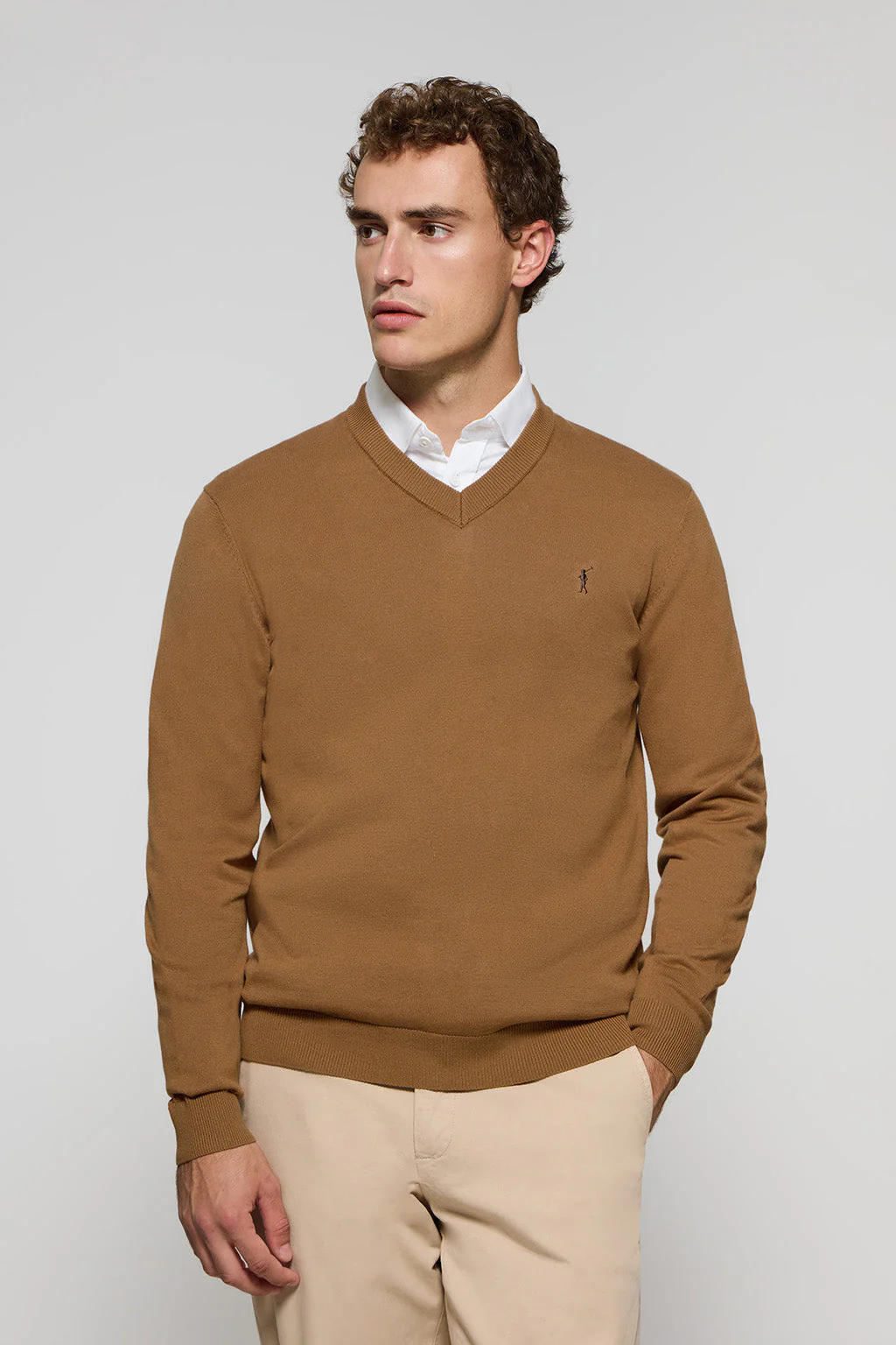 Camel V-neck knit jumper with Rigby Go embroidery