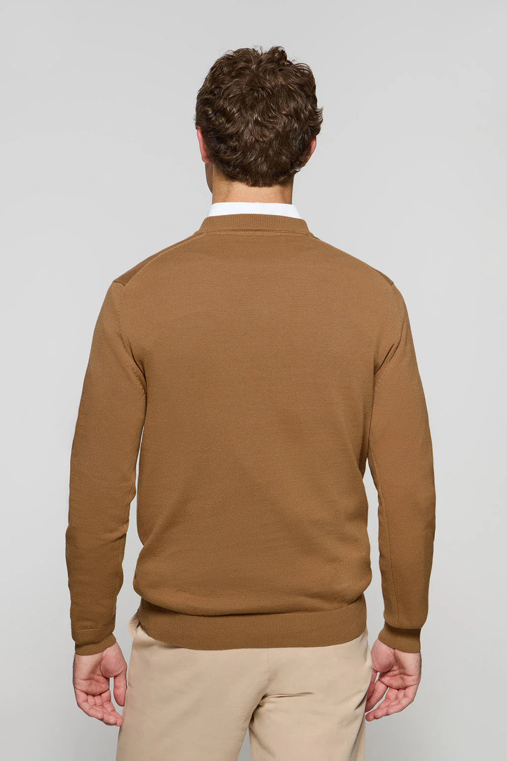 Camel V-neck knit jumper with Rigby Go embroidery - Image 4