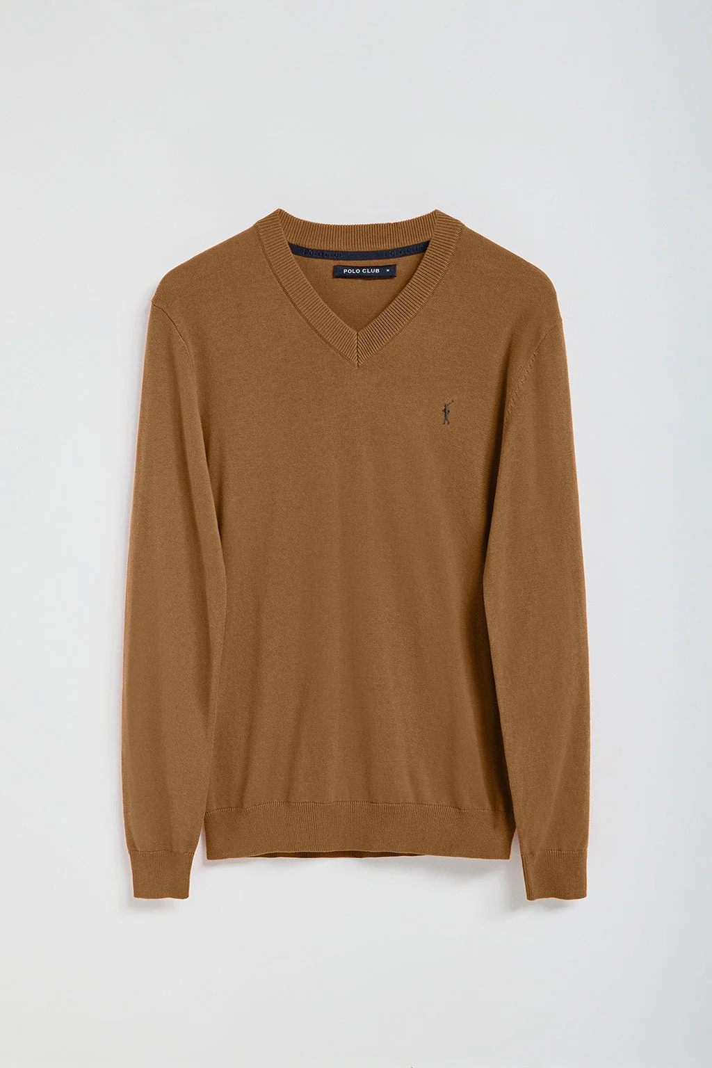 Camel V-neck knit jumper with Rigby Go embroidery - Image 5