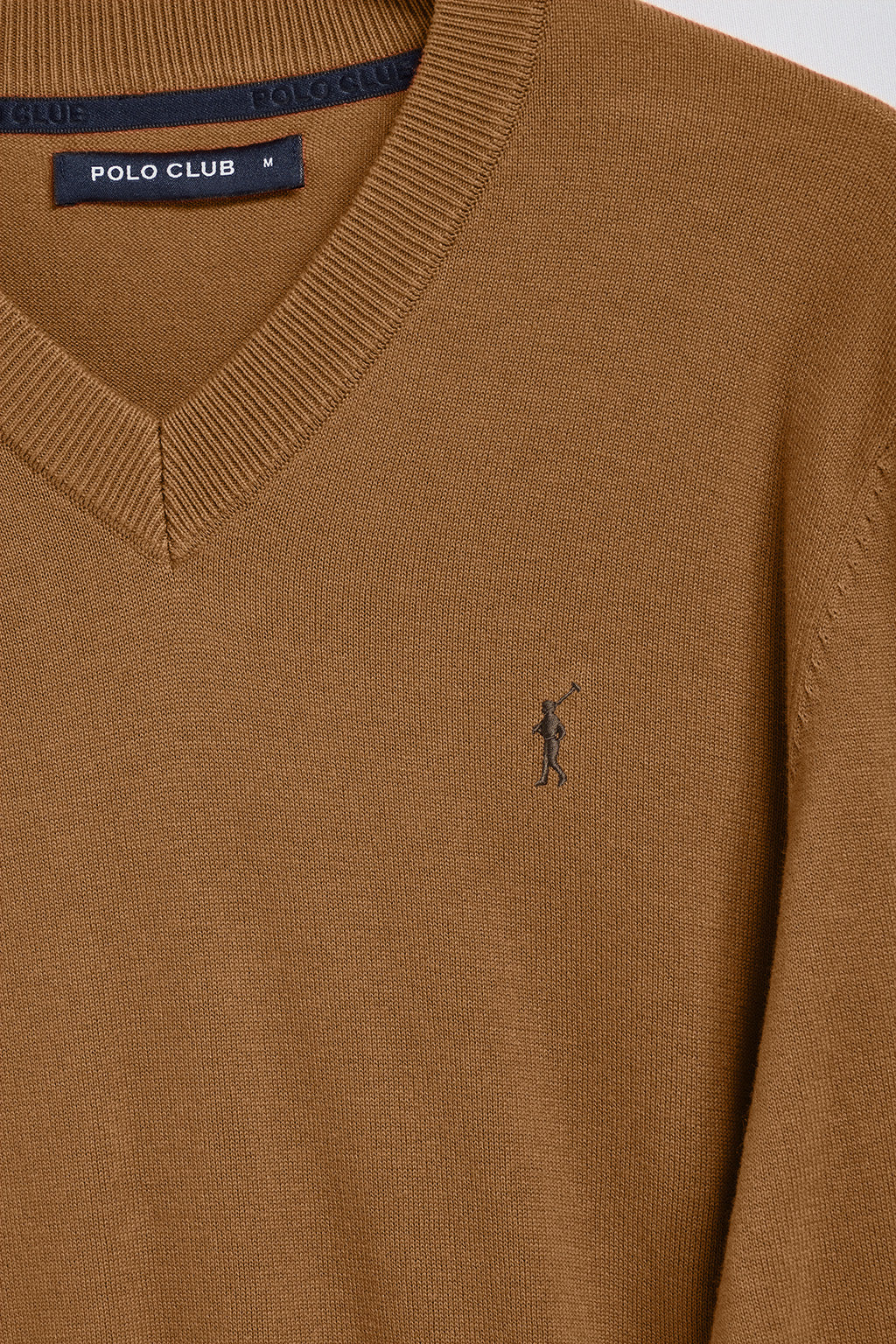 Camel V-neck knit jumper with Rigby Go embroidery - Image 6