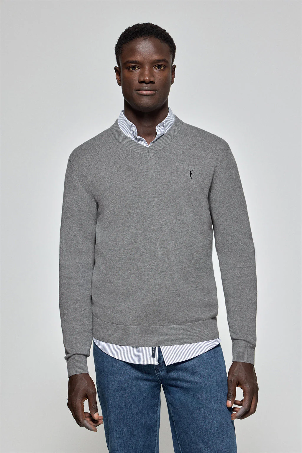 Grey-marl V-neck knit jumper with Rigby Go embroidery