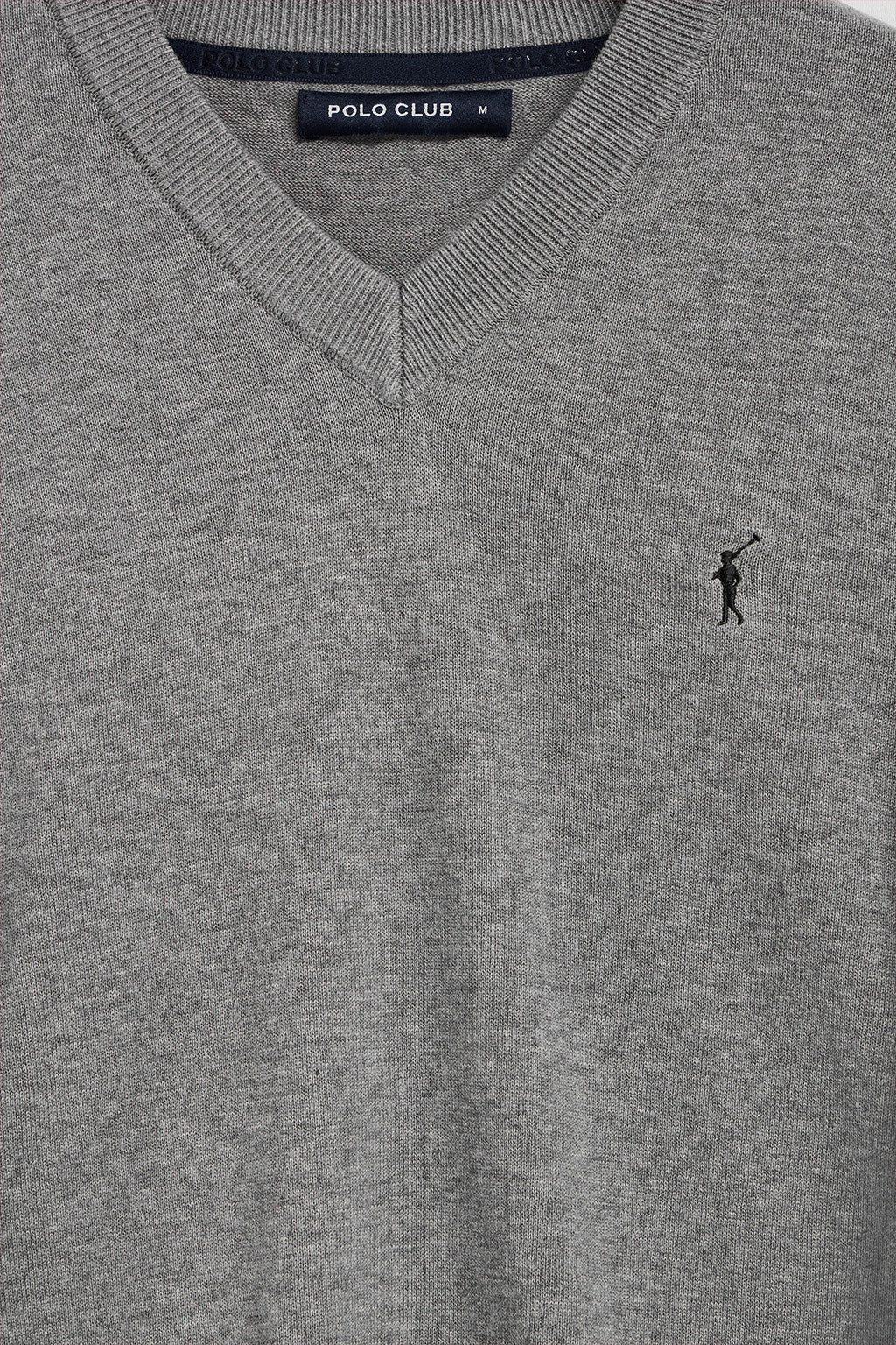 Grey-marl V-neck knit jumper with Rigby Go embroidery - Image 6