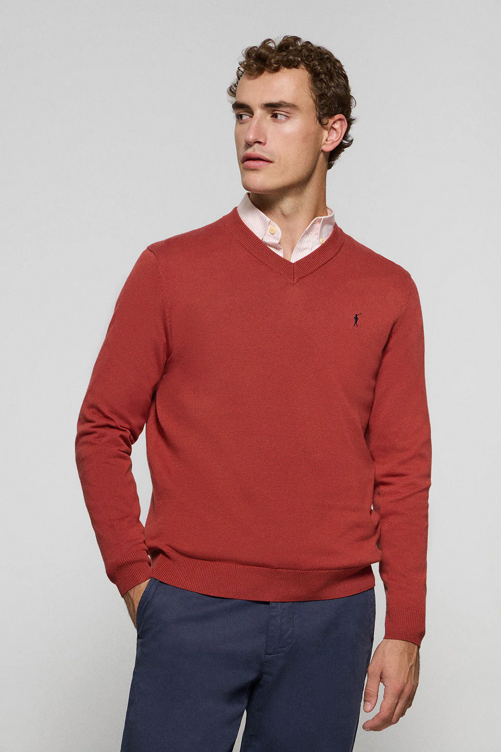 Red V-neck knit jumper with Rigby Go embroidery