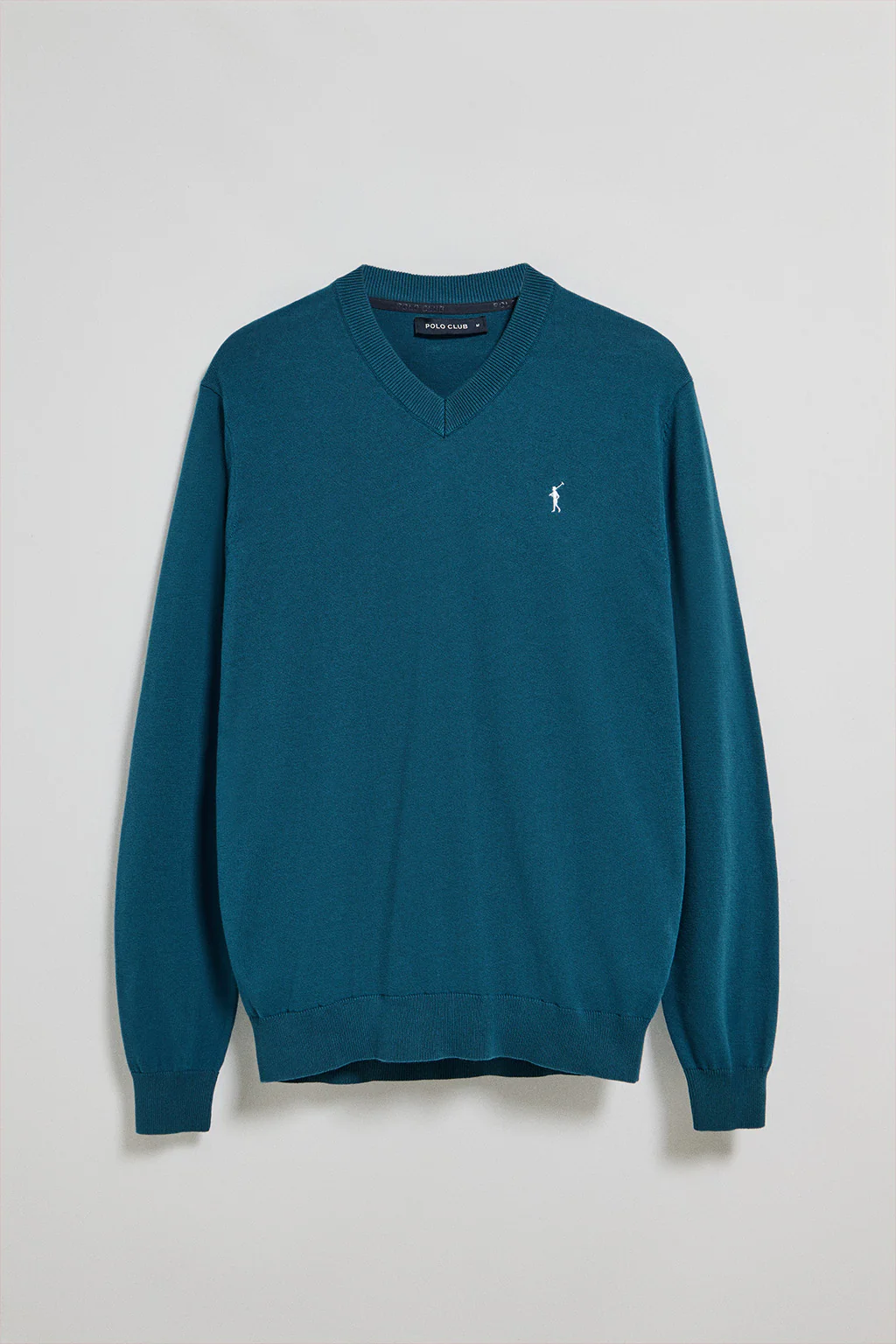 Greenish-blue V-neck knit jumper with Rigby Go embroidery - Image 5