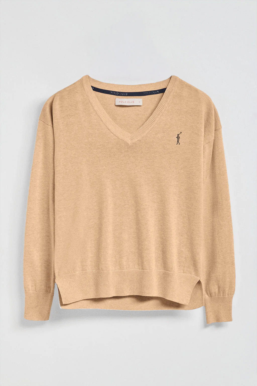 Caramel-marl V-neck knit jumper with Rigby Go embroidered logo - Image 5