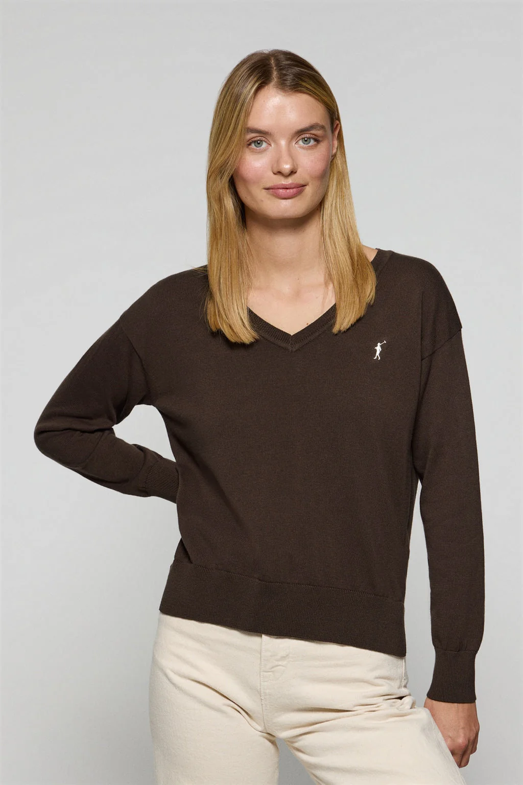 Dark-brown V-neck knit jumper with Rigby Go embroidered logo