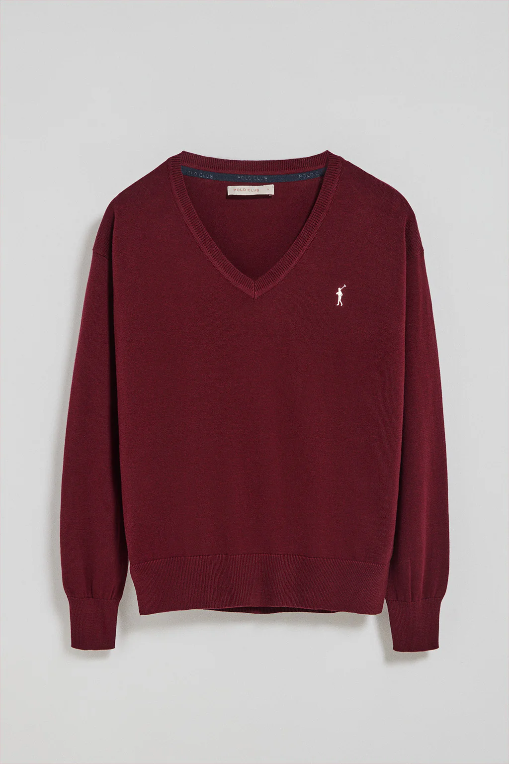 Maroon V-neck knit jumper with Rigby Go embroidered logo - Image 5