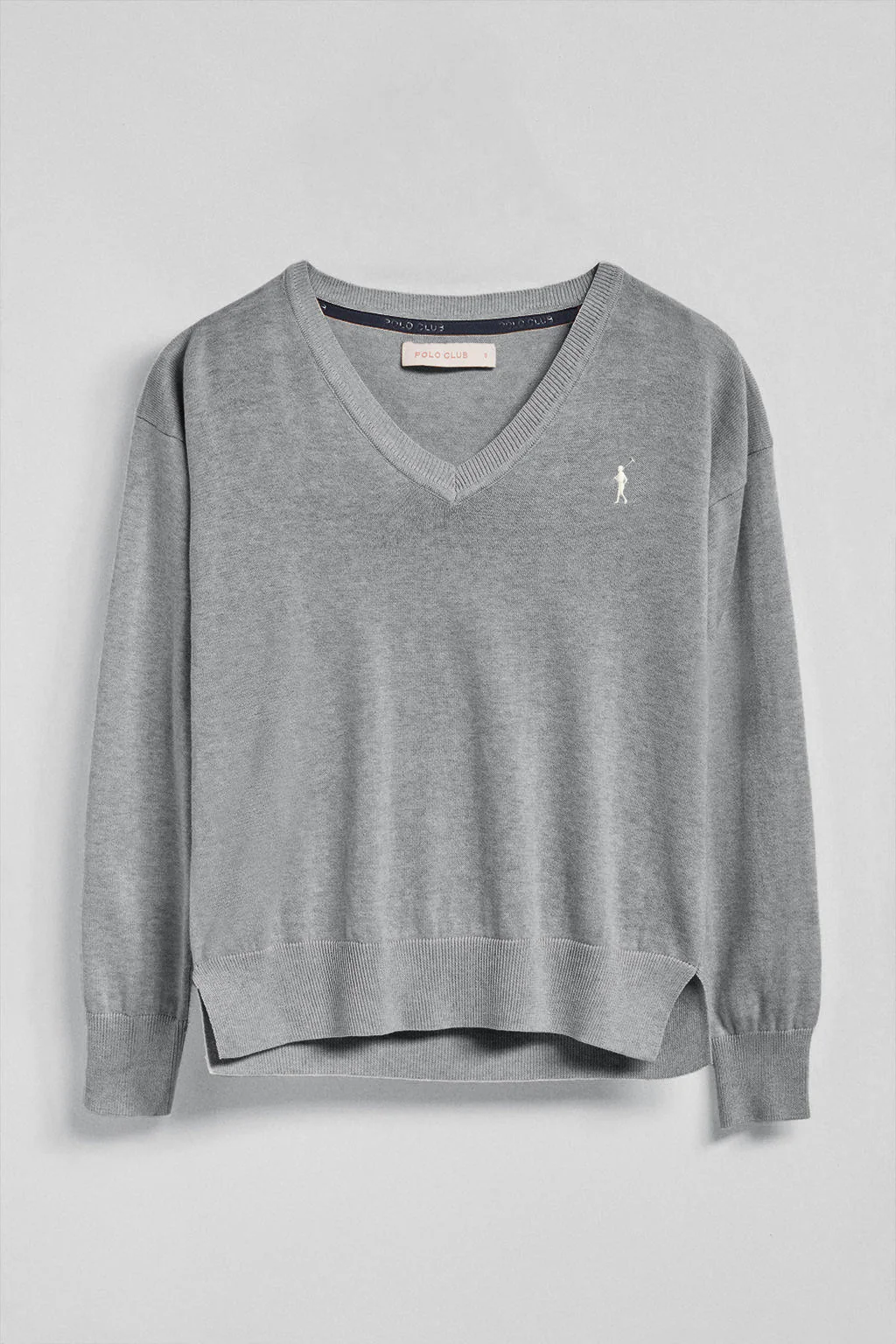 Grey-marl V-neck knit jumper with Rigby Go embroidered logo - Image 7
