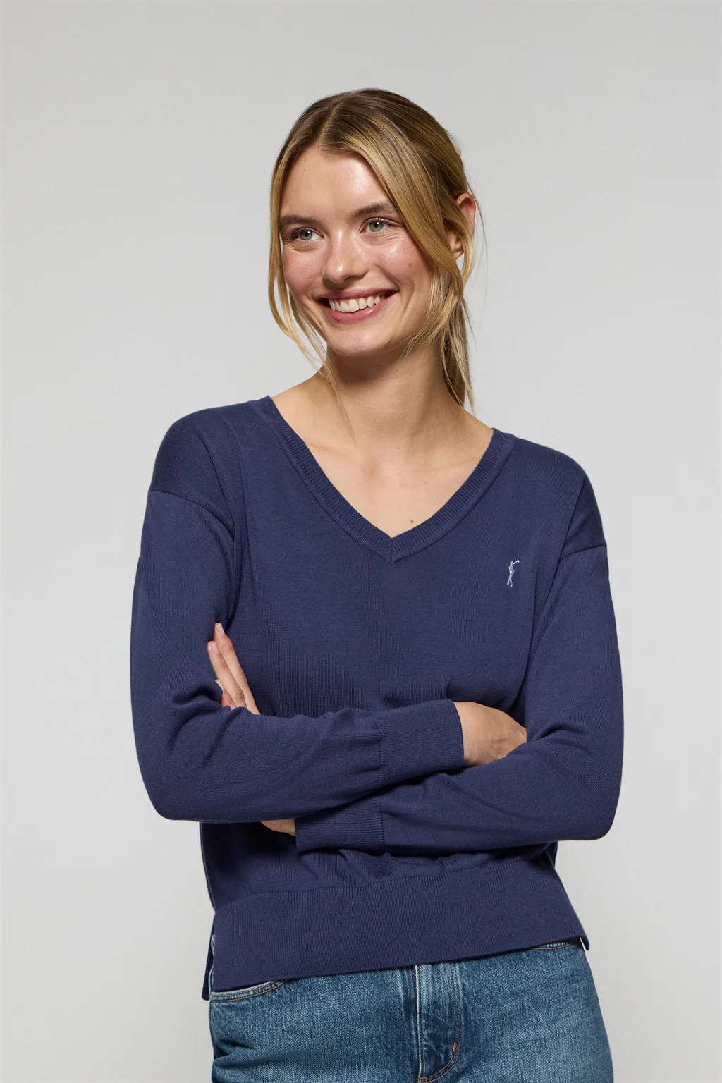 Ocean-blue V-neck knit jumper with Rigby Go embroidered logo