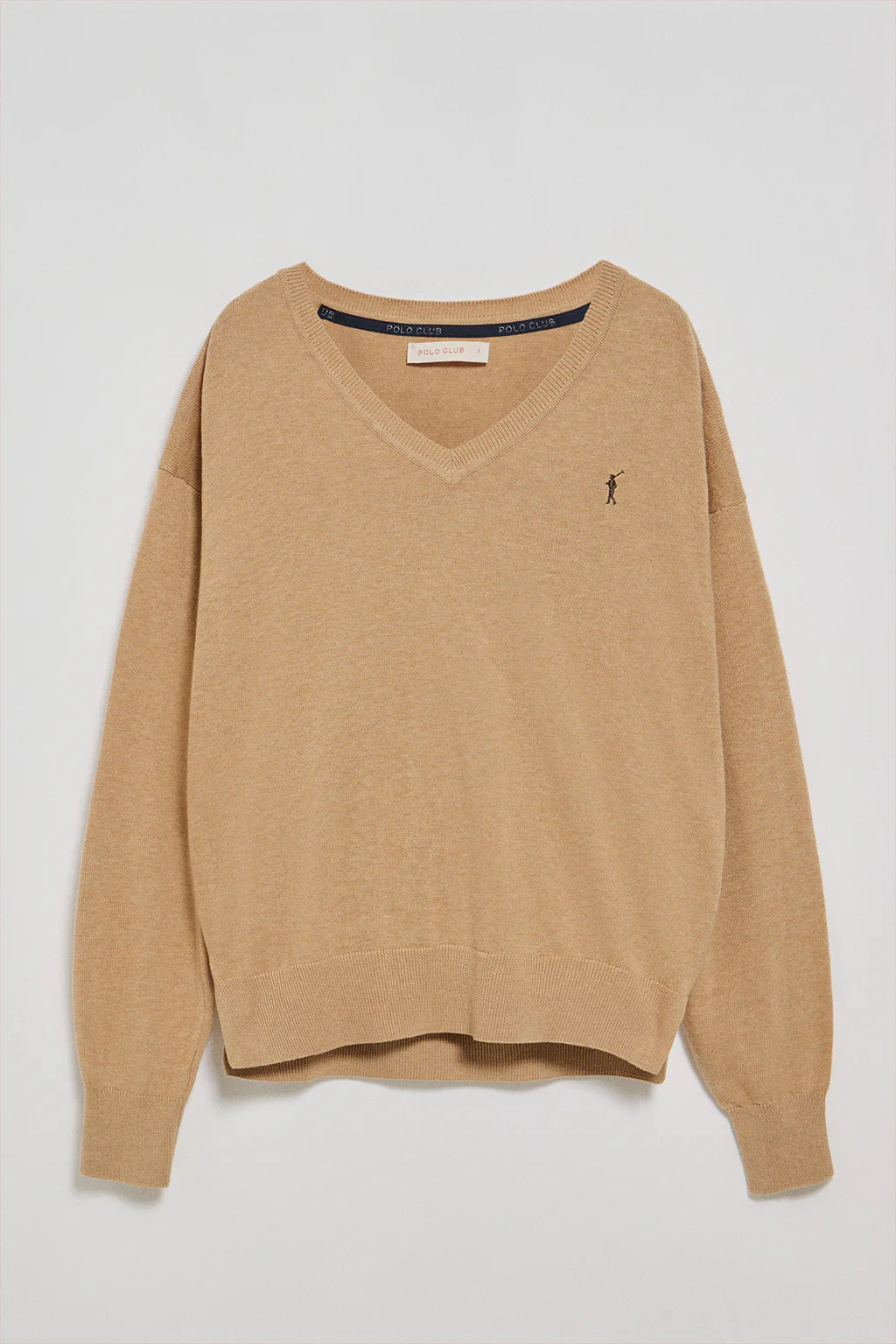 Caramel-marl V-neck knit jumper with Rigby Go logo - Image 5