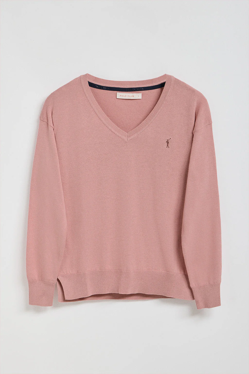 Pink V-neck knit jumper with Rigby Go embroidered logo - Image 9