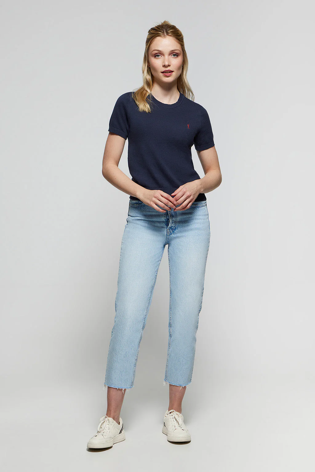 Navy-blue short-sleeve round-neck knit jumper with Rigby Go logo - Image 2